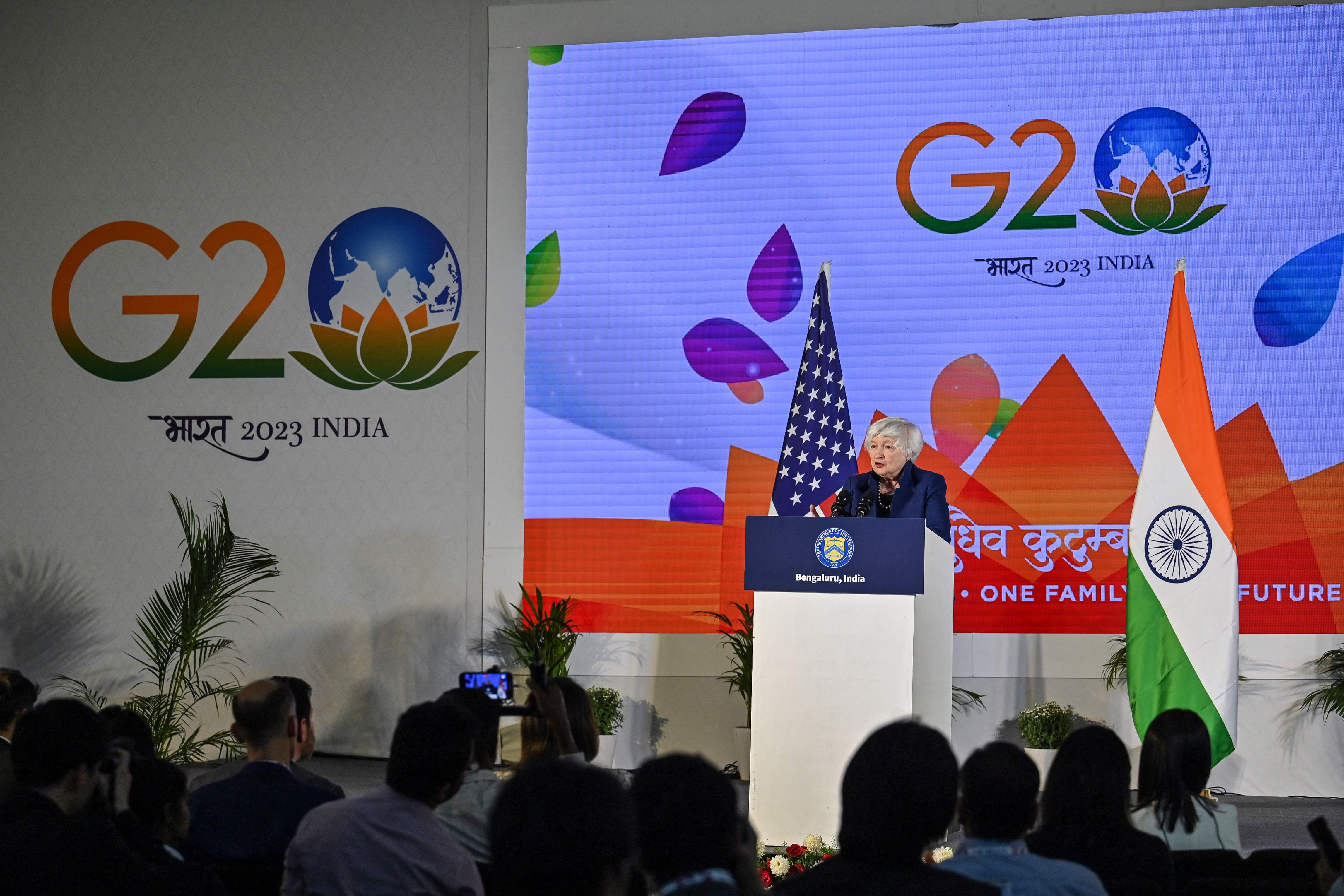 US Secretary of Treasury Janet Yellen addresses the media during a news conference in Bengaluru