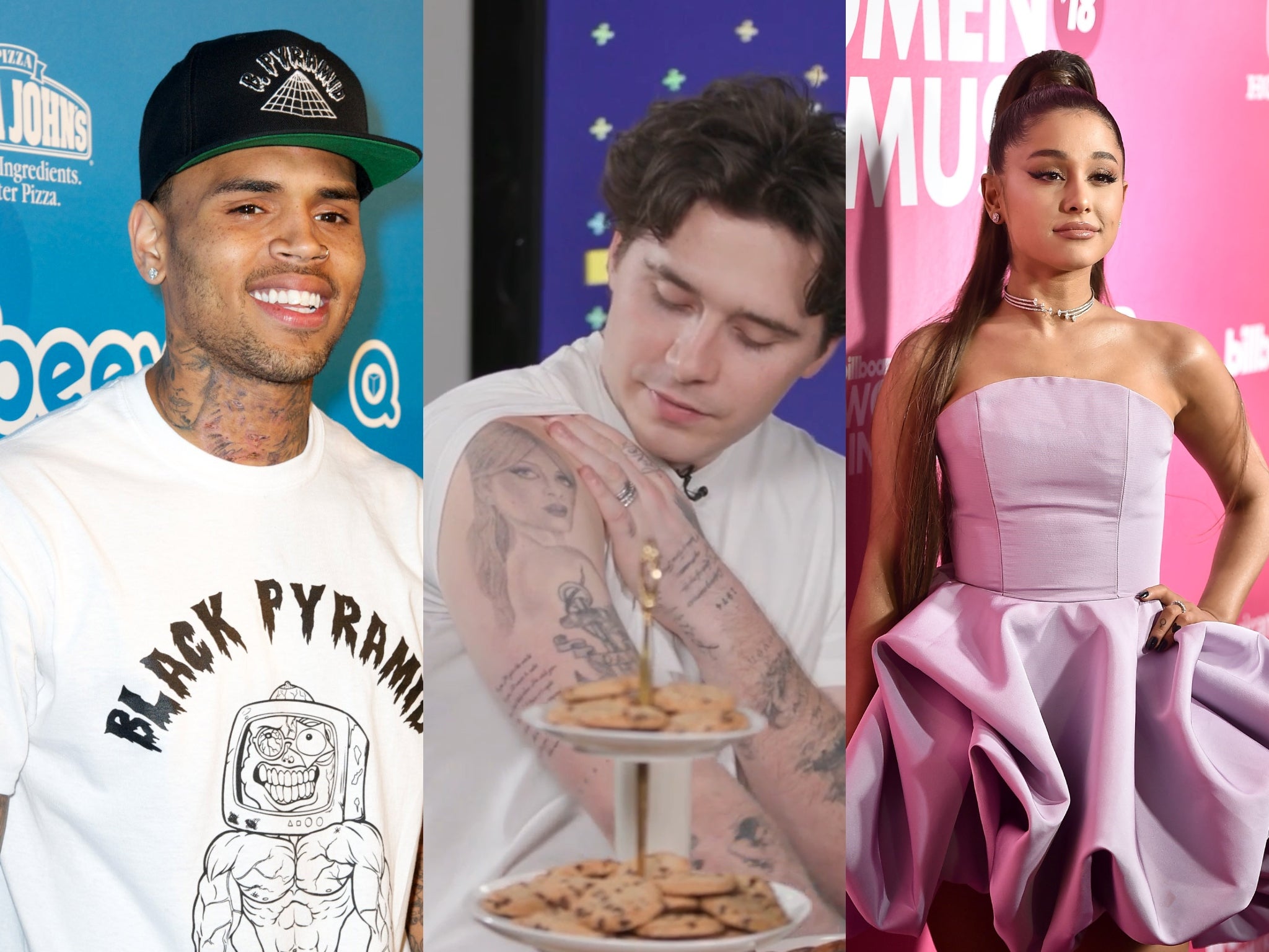 From left to right: Chris Brown, Brooklyn Beckham and Ariana Grande