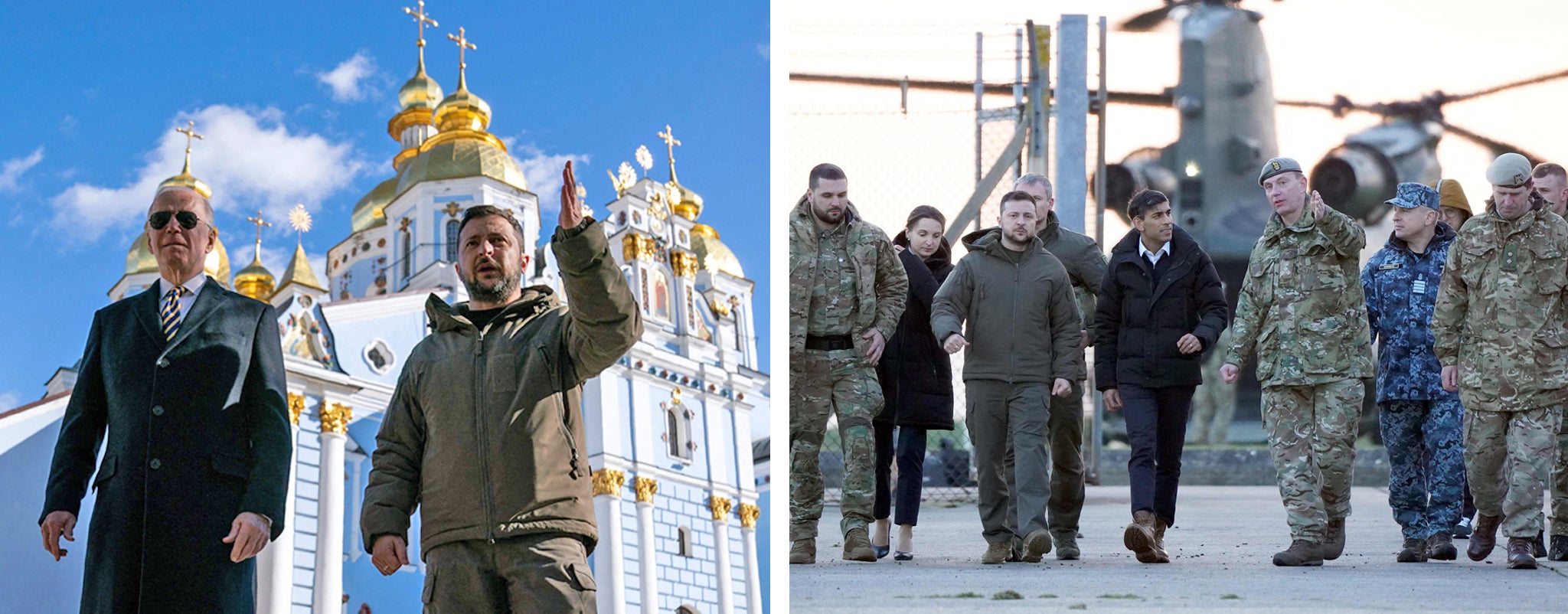 Left: President Biden, left with President Zelensky in Kyiv on 20 February 2023. Right: A visit to the UK with Prime Minister Rishi Sunak at a military facility in Lulworth, Dorset