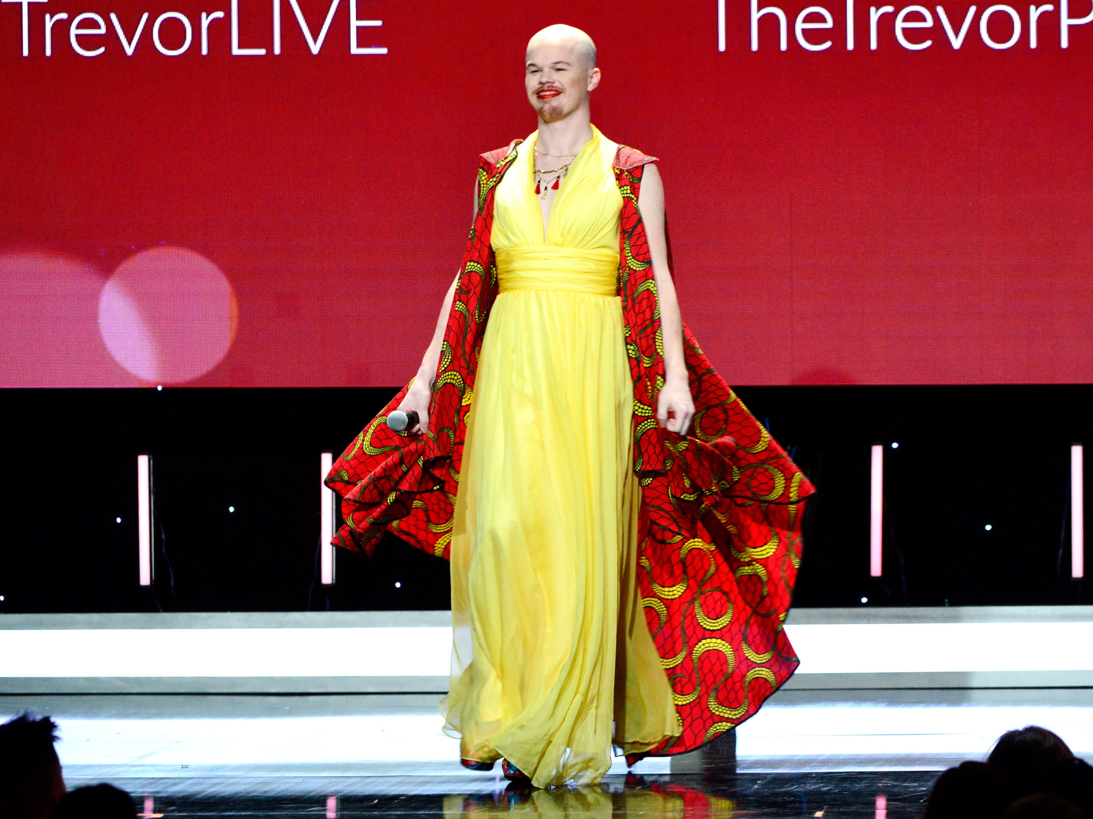 Sam Brinton speaks onstage during the Trevor Project's TrevorLIVE LA 2018 at The Beverly Hilton Hotel on December 3, 2018 in Beverly Hills, California