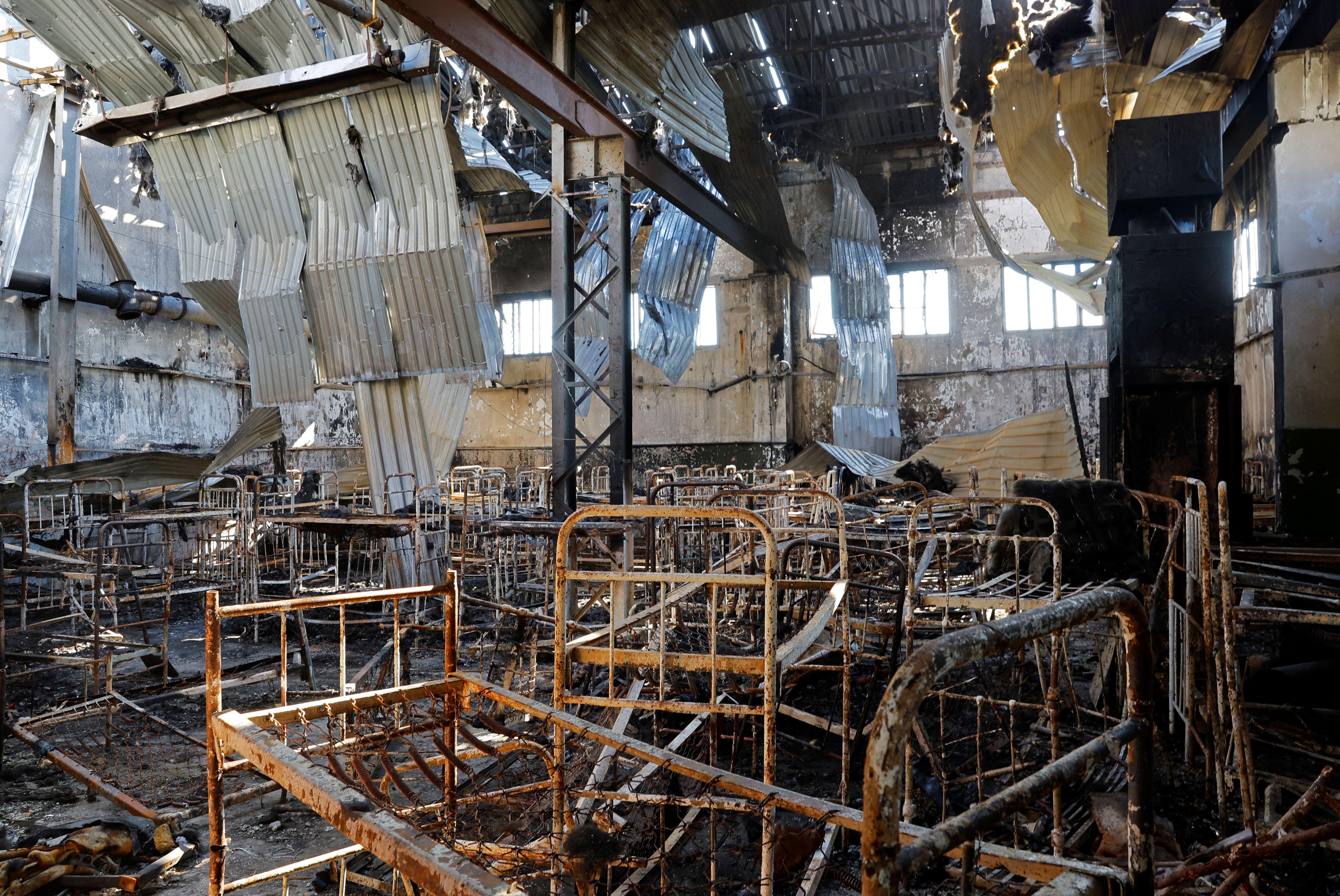 The prison building which was damaged by shelling in Olenivka