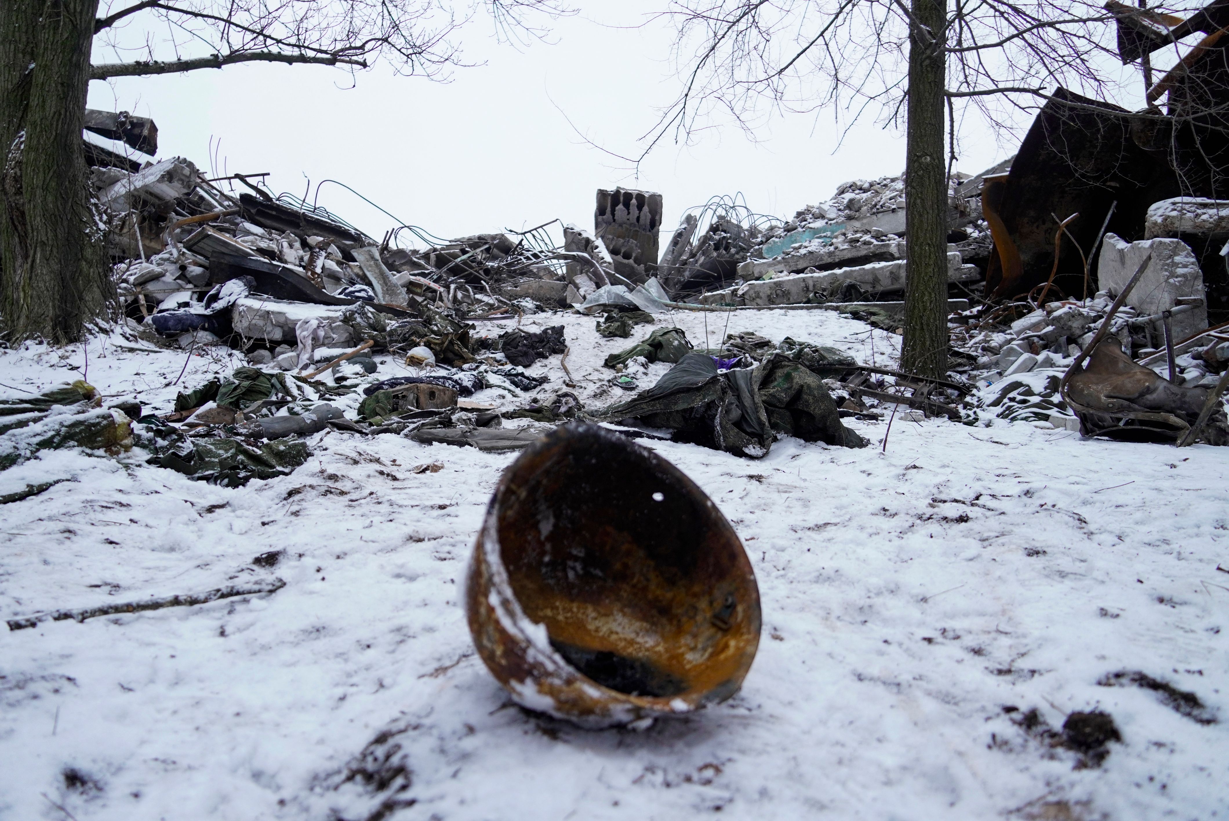 Debris of a vocational school which was used as a temporary deployment centre for Russian soldiers after it was hit by a Ukrainian strike