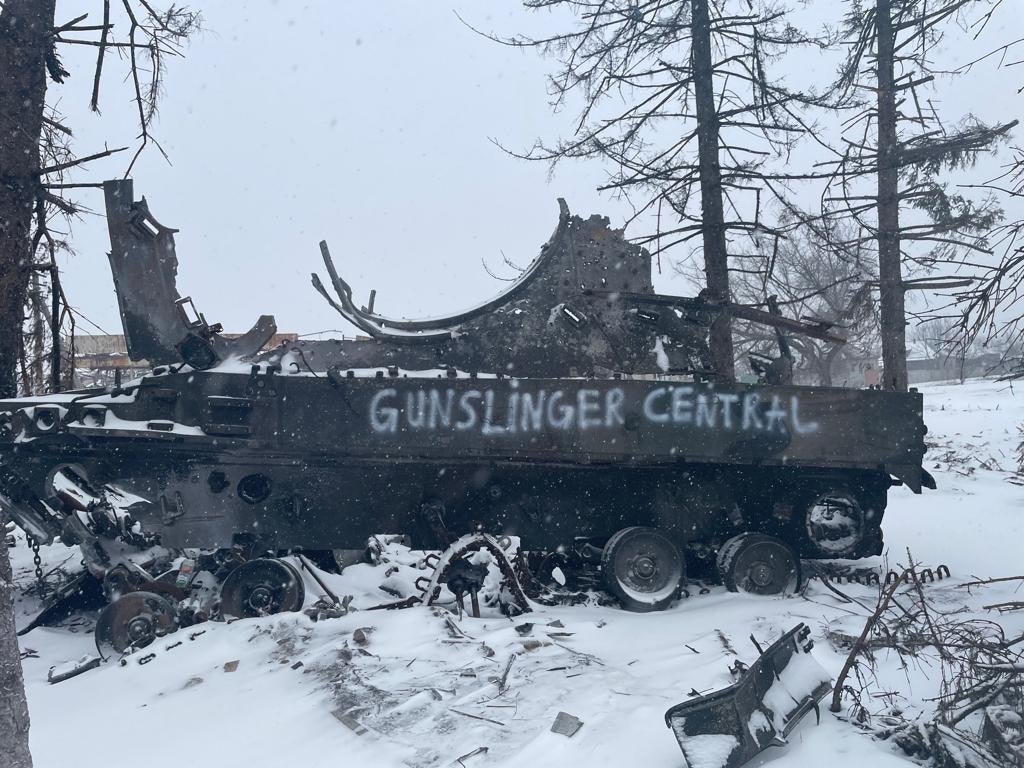 A damaged armoured vehicle near the front line