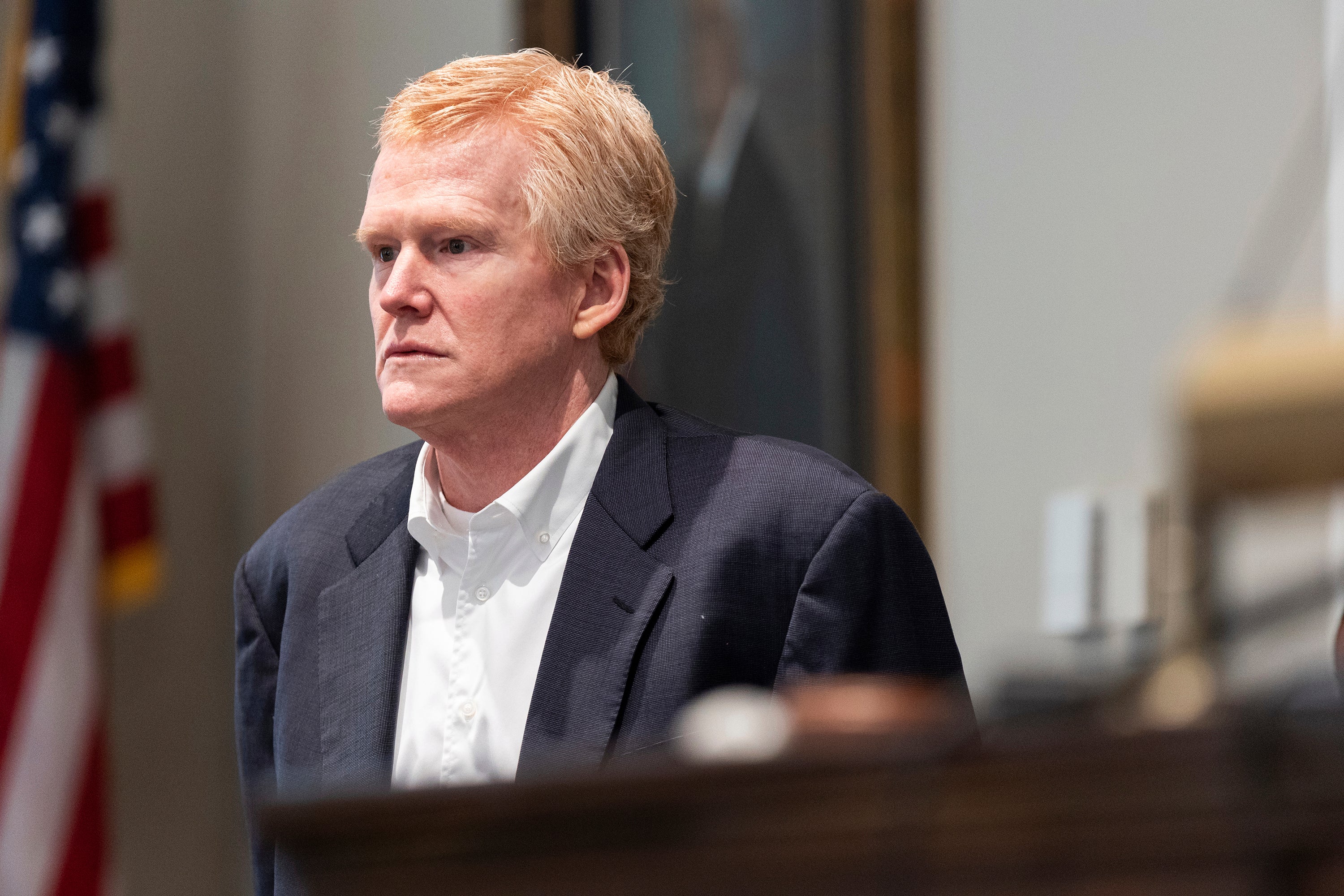 Alex Murdaugh stands next to the witness booth during a break in his trial for murder at the Colleton County Courthouse on Thursday, Feb. 23, 2023 in Walterboro, South Carolina