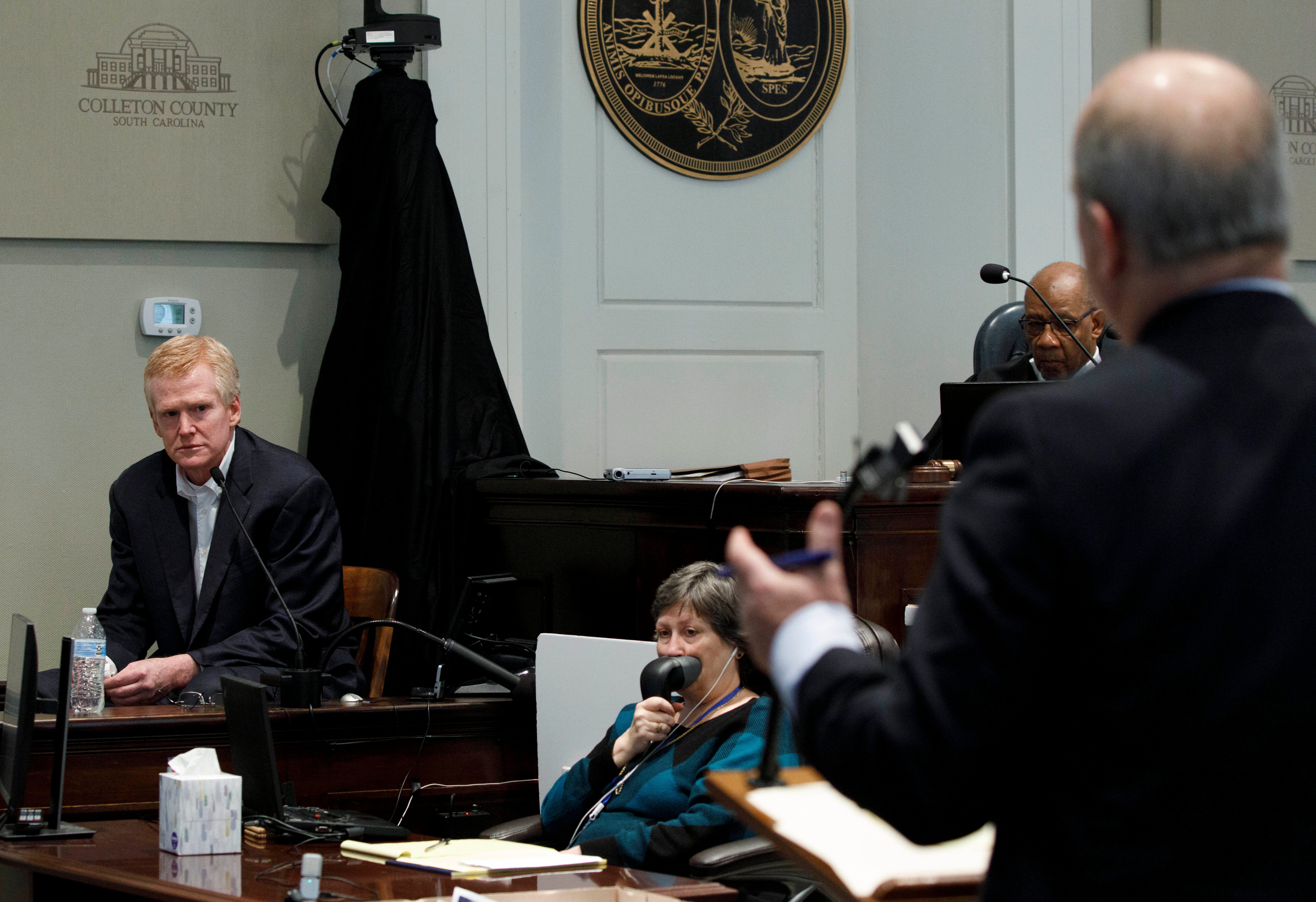 Defense attorney Jim Griffin, right, questions Alex Murdaugh, left, as he gives testimony during his murder trial at the Colleton County Courthouse in Walterboro, South Carolina