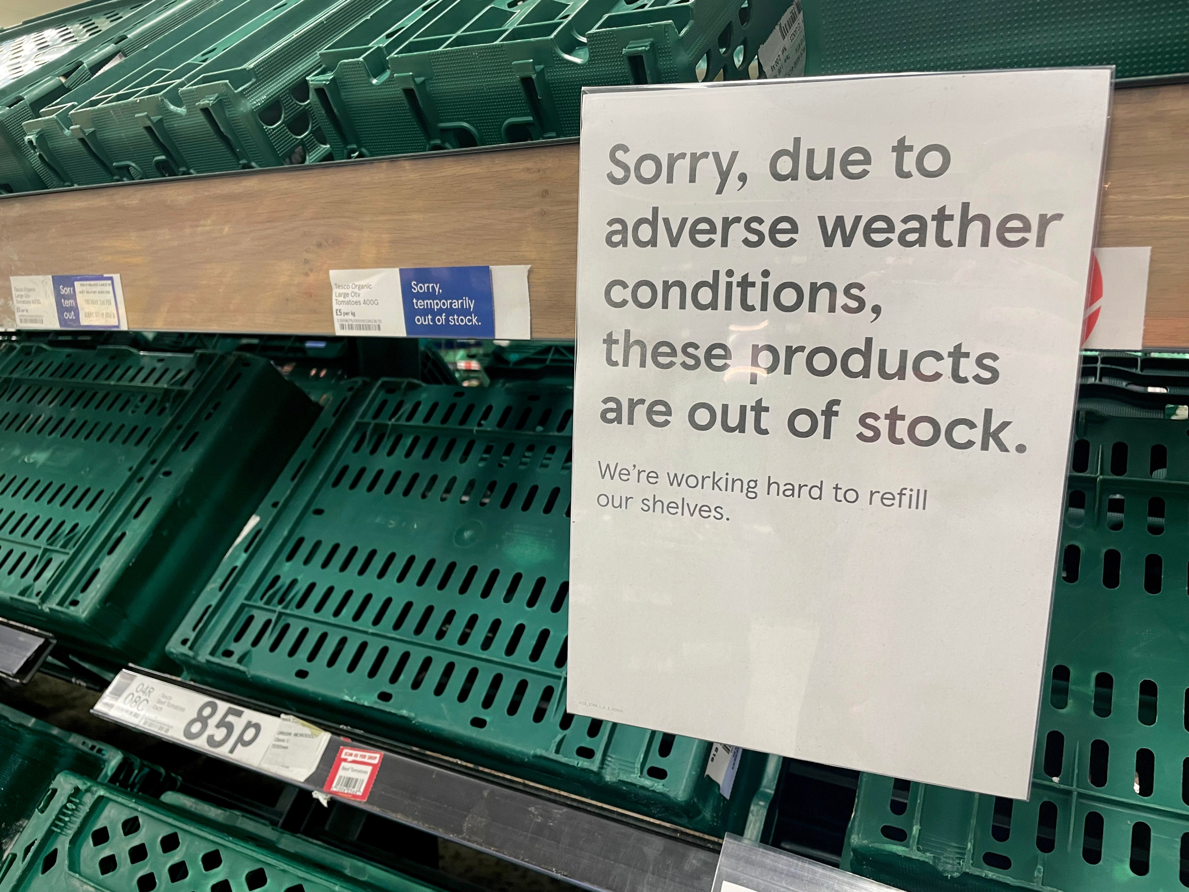 Empty shelves are seen in the fruit and vegetable aisles of a Tesco supermarket on 22 February 2023 in Burgess Hill, United Kingdom