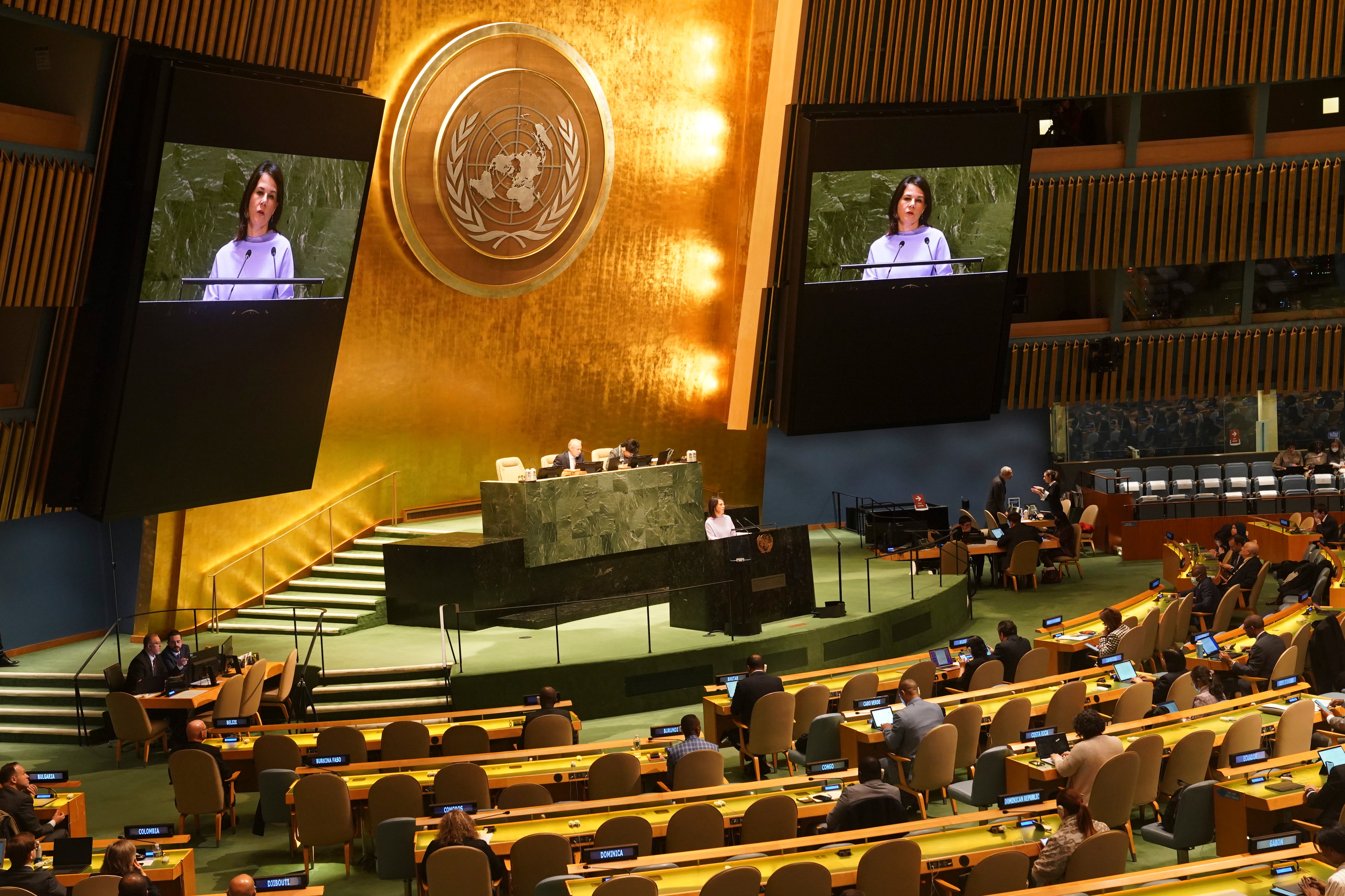 Germany's foreign minister Annalena Baerbock address the United Nations General Assembly before a vote for a U.N. resolution upholding Ukraine's territorial integrity