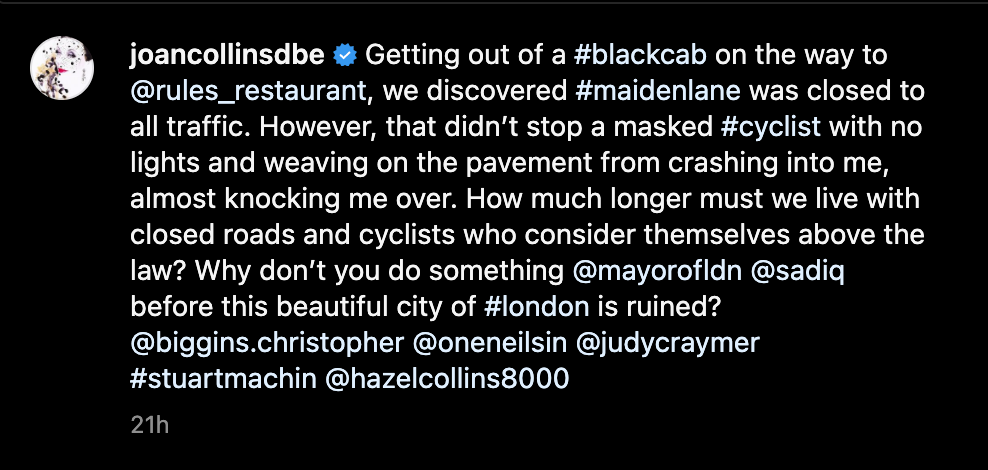 Dame Joan Collins complains about London cyclists after near-miss