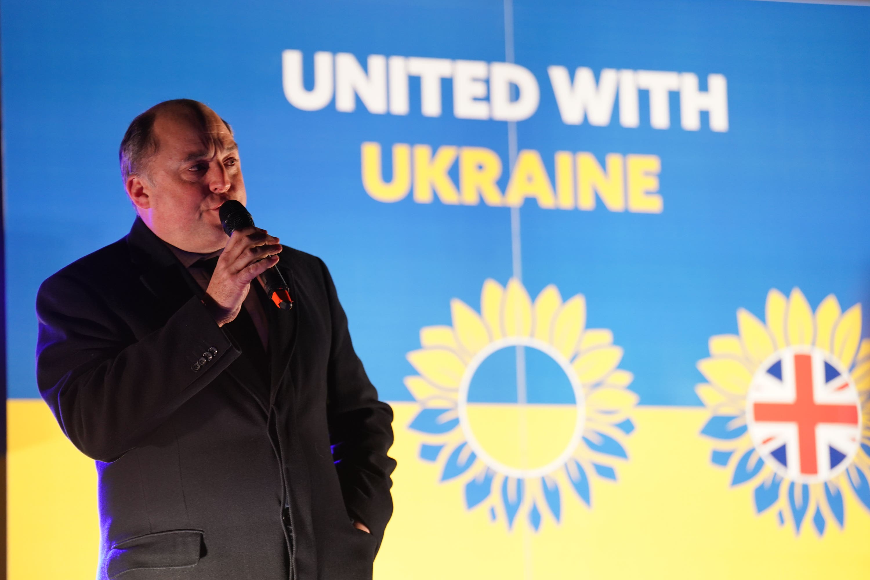 Defence Secretary Ben Wallace speaks during a United With Ukraine vigil, to mark one year of war in Ukraine, at Trafalgar Square, London (James Manning/PA)