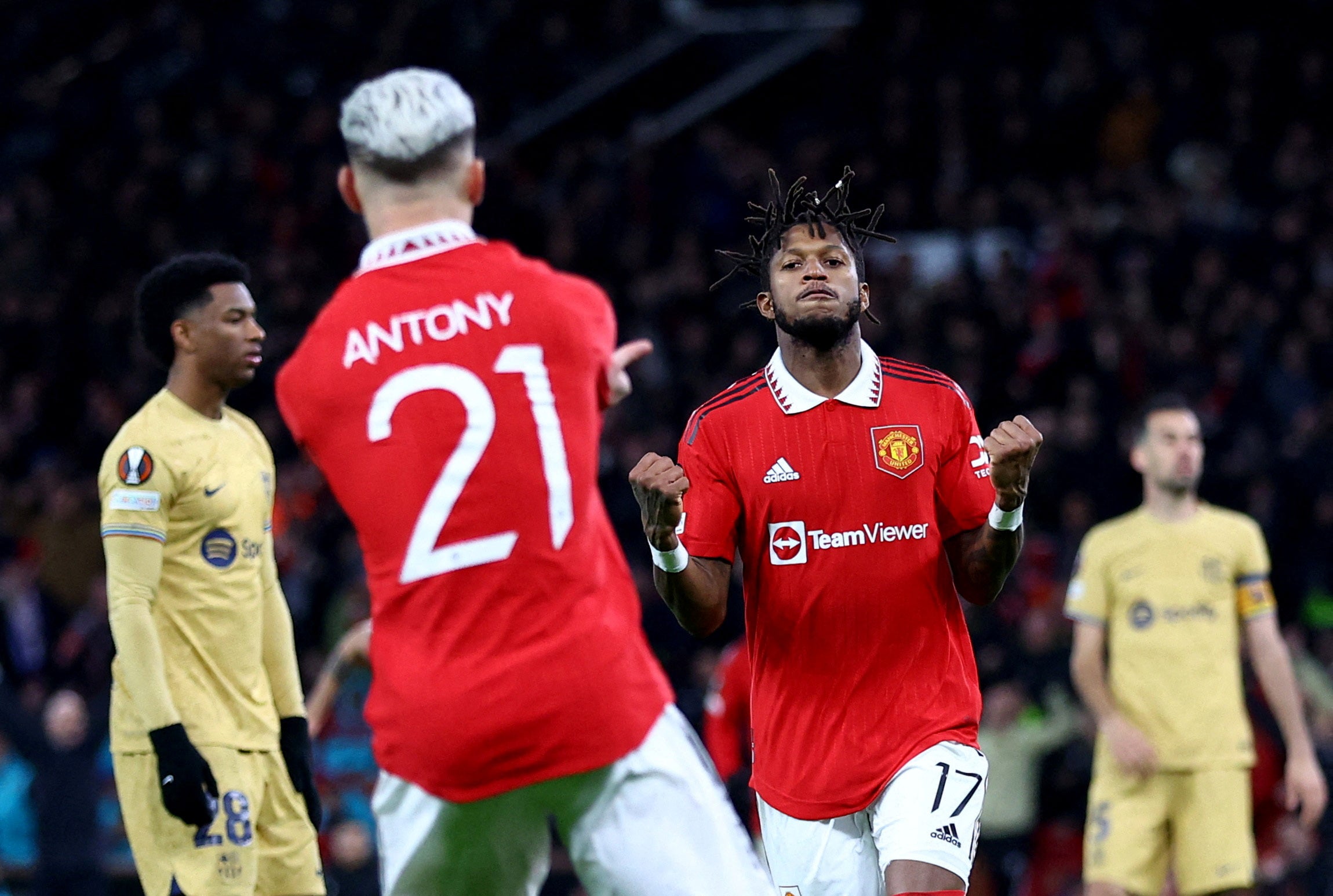 Antony and Fred celebrate Manchester United’s winning goal against Barcelona