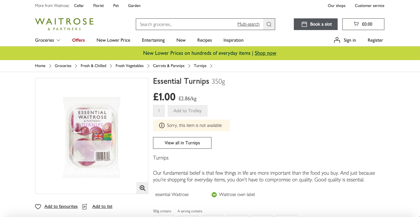 Turnips are out of stock at Waitrose