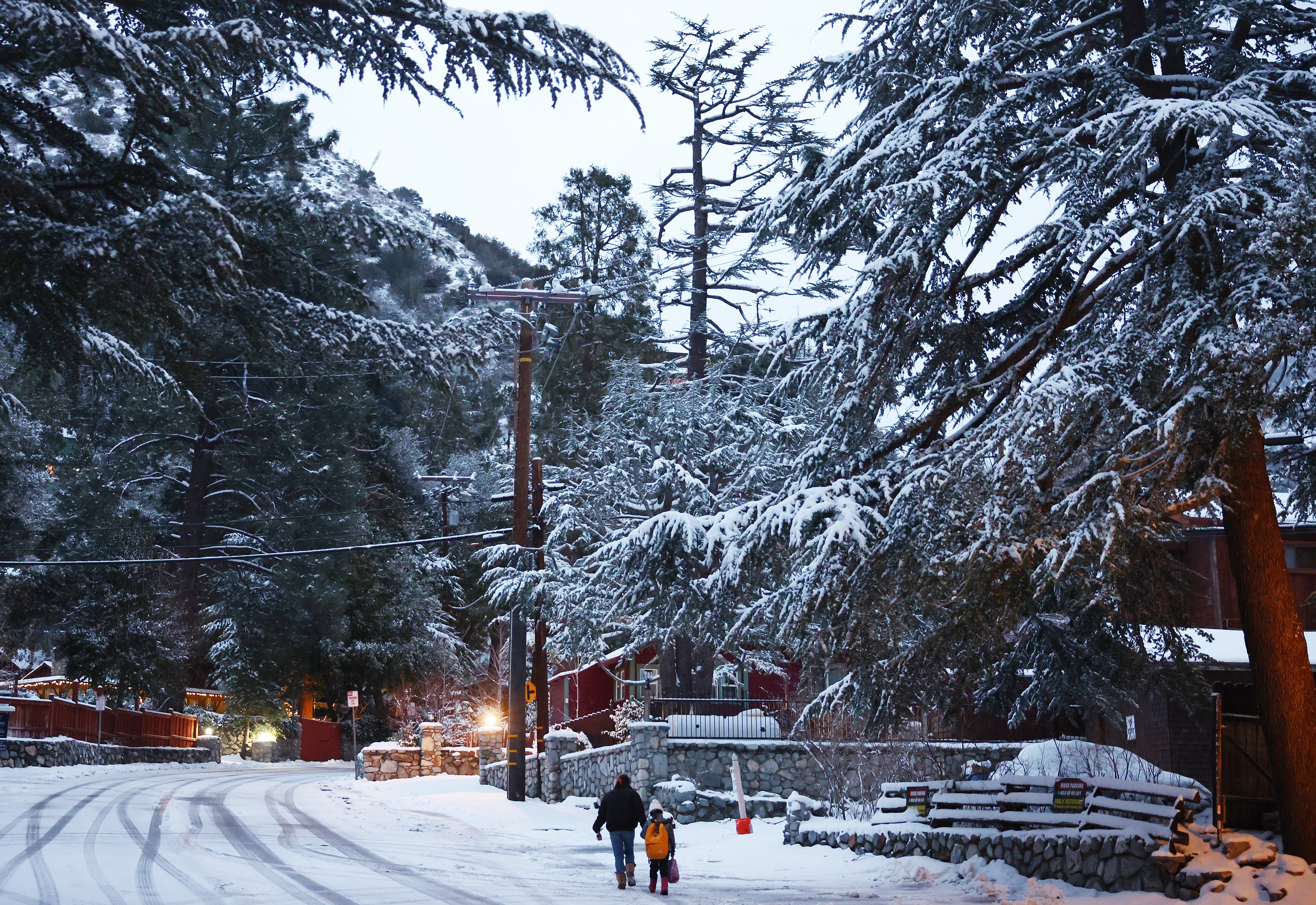 Snow blankets the town in the San Gabriel Mountains, in San Bernardino County along the border of Los Angeles County, on February 23 in Mount Baldy, California A major storm, carrying a rare blizzard warning for parts of Southern California, is expected to deliver heavy snowfall to the mountains with some snowfall expected to reach lower elevations in LA County. (Photo by Mario Tama/Getty Images)