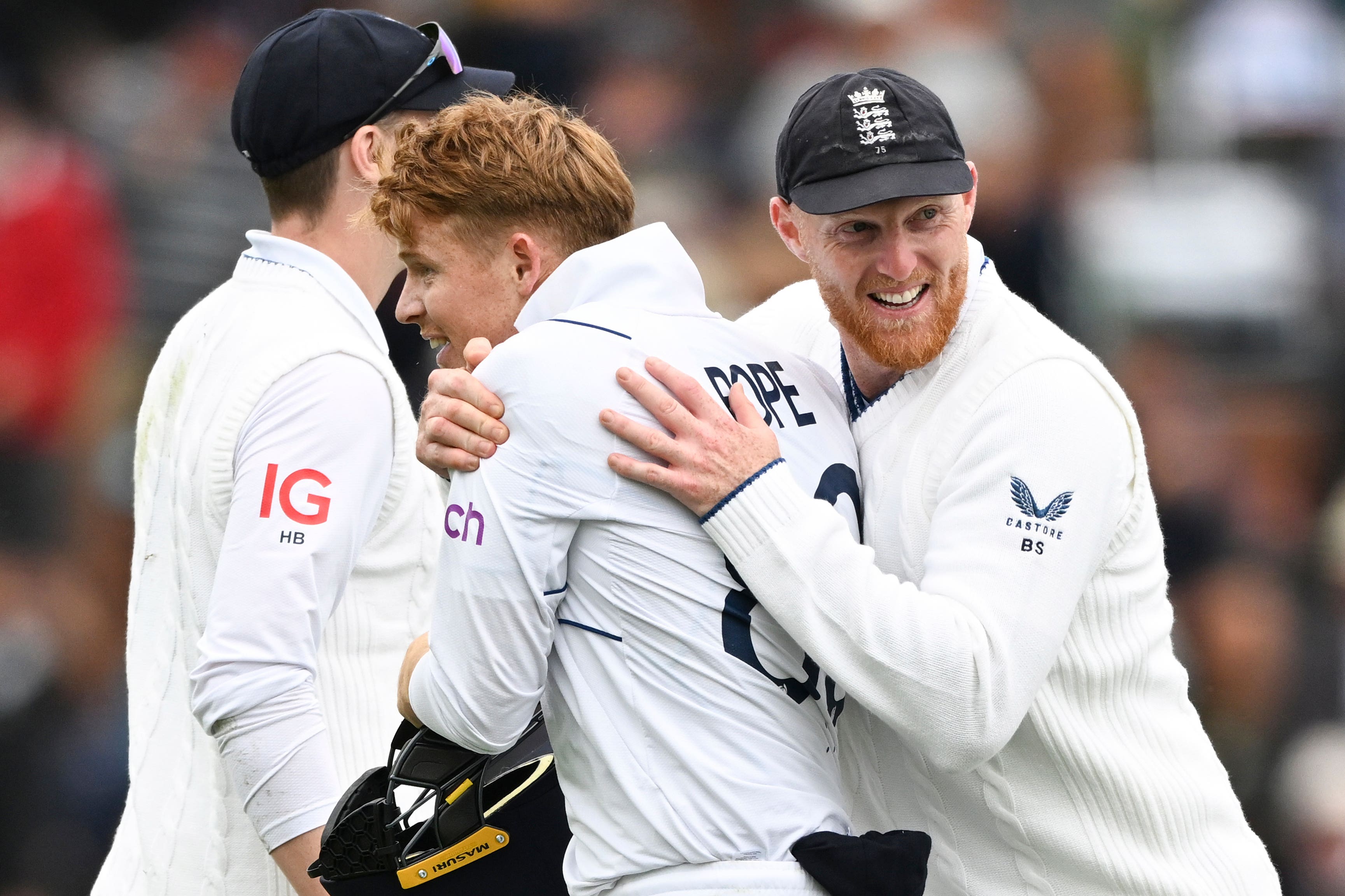 Captain Ben Stokes celebrates one of Ollie Pope’s brilliant catches (Andrew Cornaga/AP)