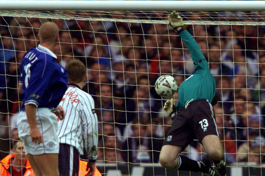 Matt Elliott scores for Leicester against Tranmere. (Tom Hevezi/PA)