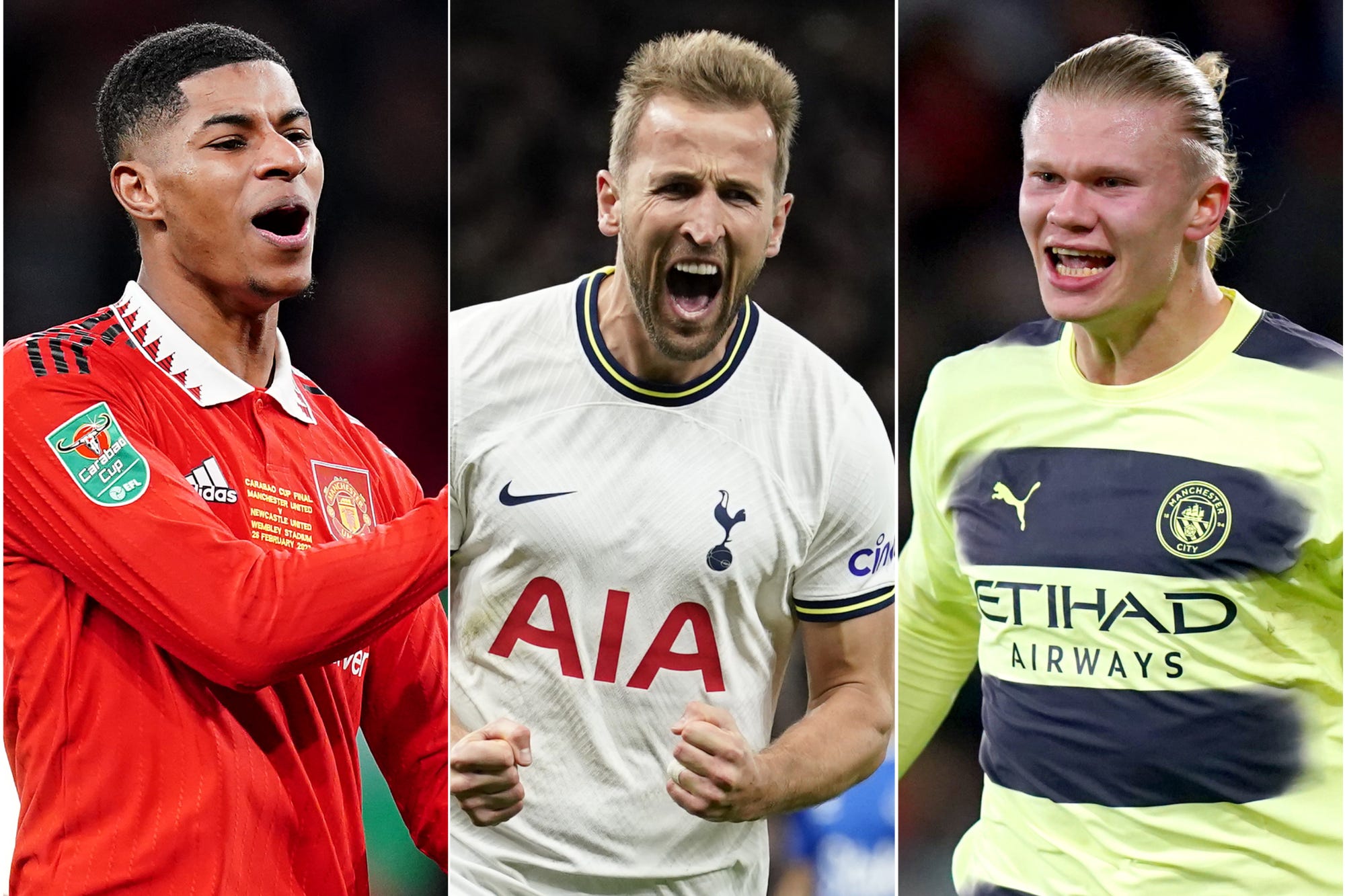 Marcus Rashford, Harry Kane and Erling Haaland, l-r, all scored again this weekend (David Davies/Andrew Matthews/Adam Davy/PA)