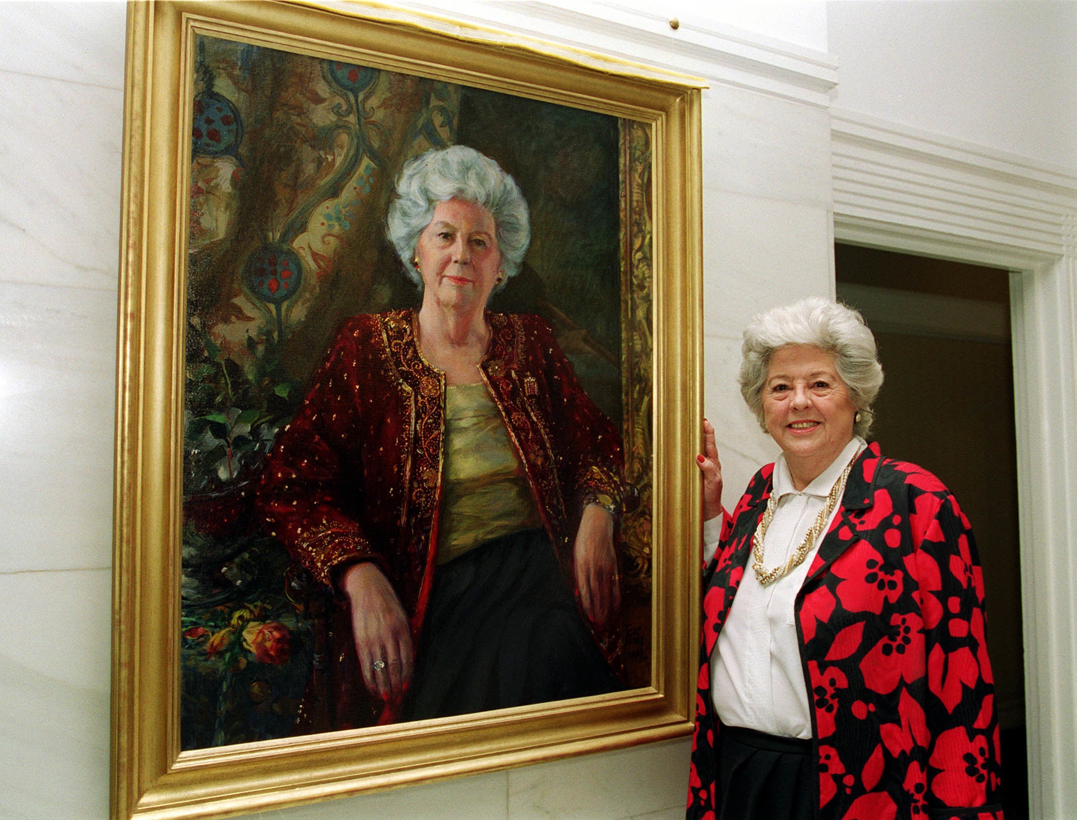 Lady Boothroyd with her portrait by Jane Bond in Westminster, 2000