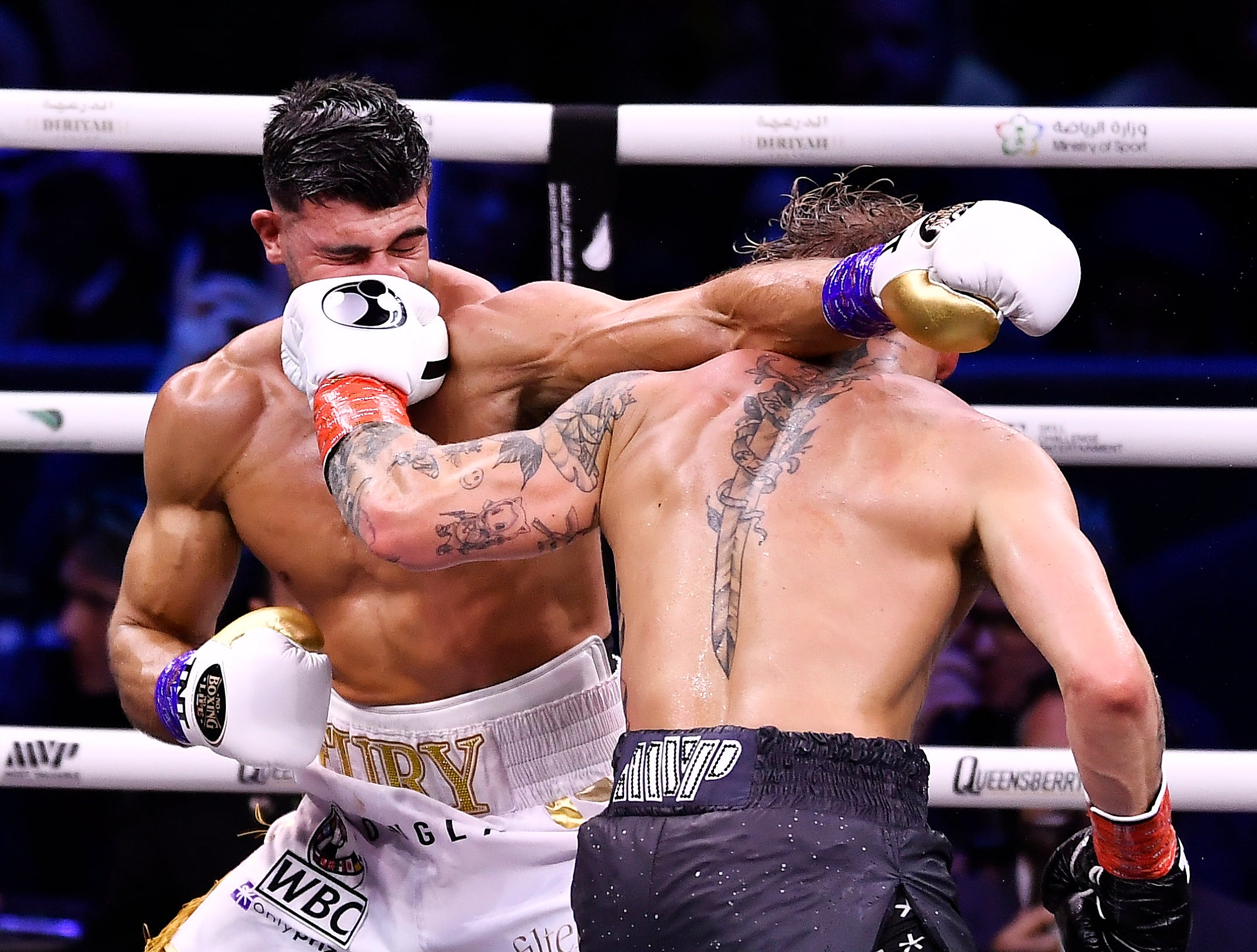 Tommy Fury of Great Britain in action against Jake Paul of the US during their professional Cruiserweight boxing bout at the Diriyah Arena on the outskirts of Riyadh, Saudi Arabia