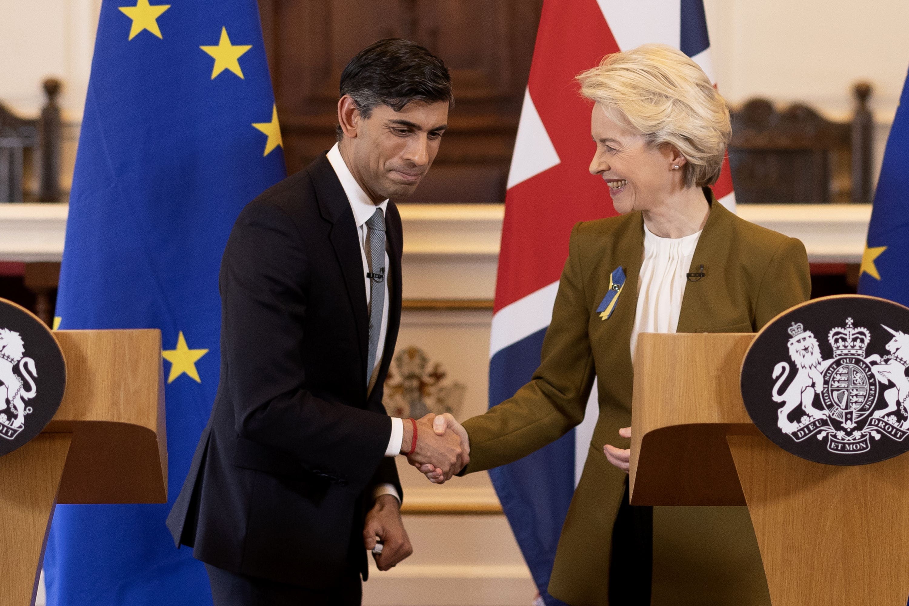 Prime Minister Rishi Sunak and European Commission president Ursula von der Leyen during a press conference at the Guildhall in Windsor, Berkshire (Dan Kitwood/PA)