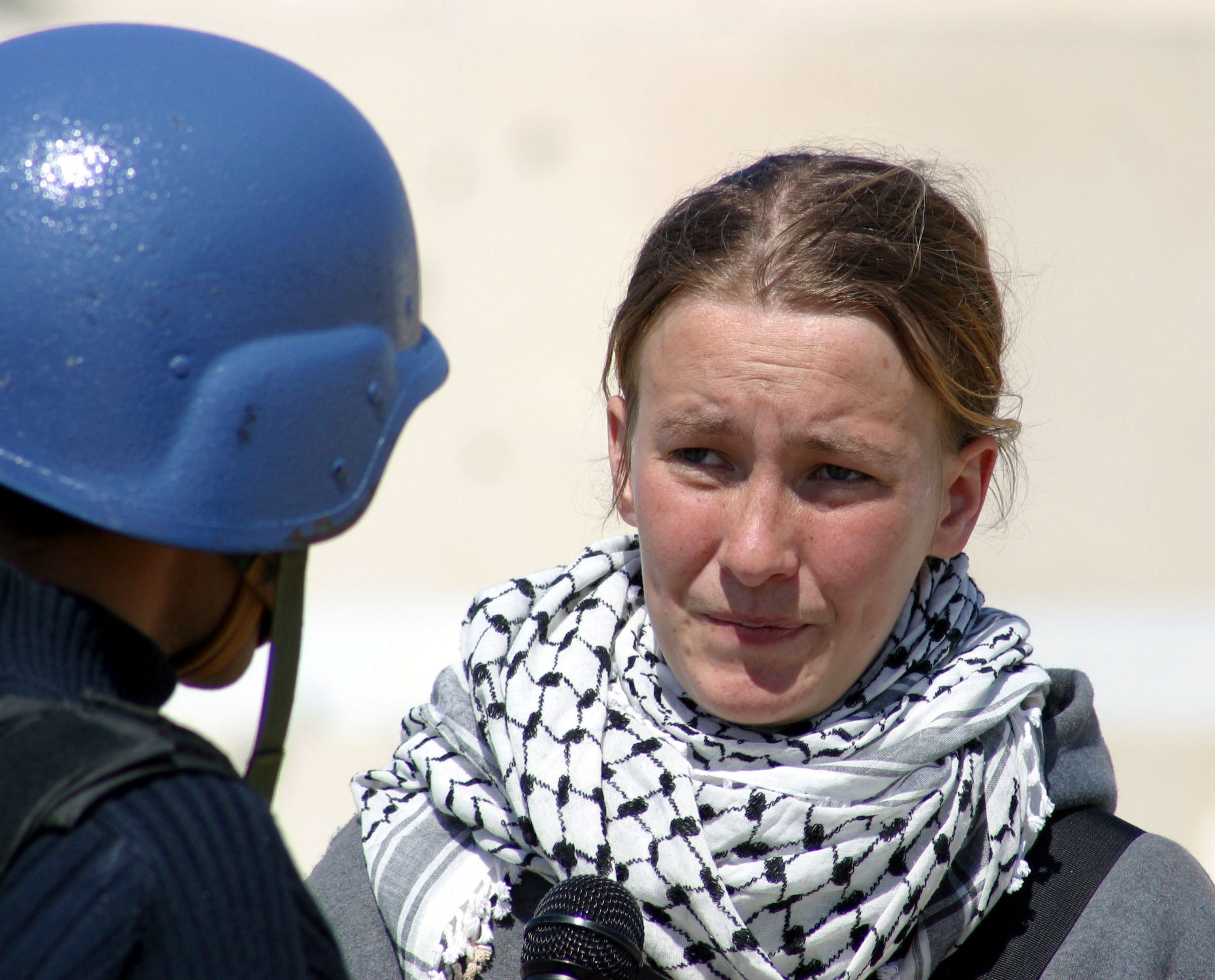 Rachel Corrie giving an interview with MBC Saudi Arabia television in March 2003 in the Rafah refugee camp in the Gaza Strip