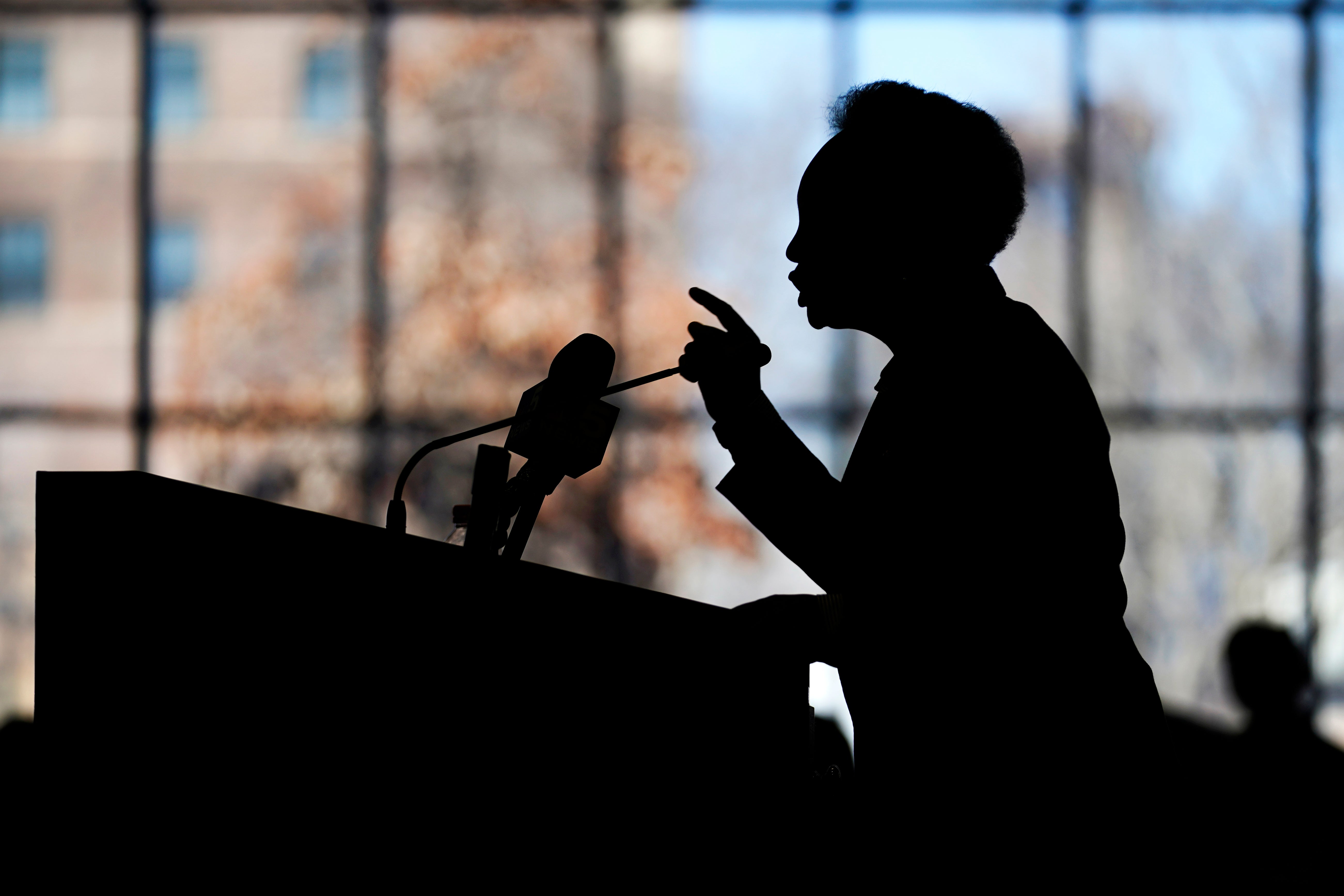 Chicago mayor Lori Lightfoot delivers a campaign speech