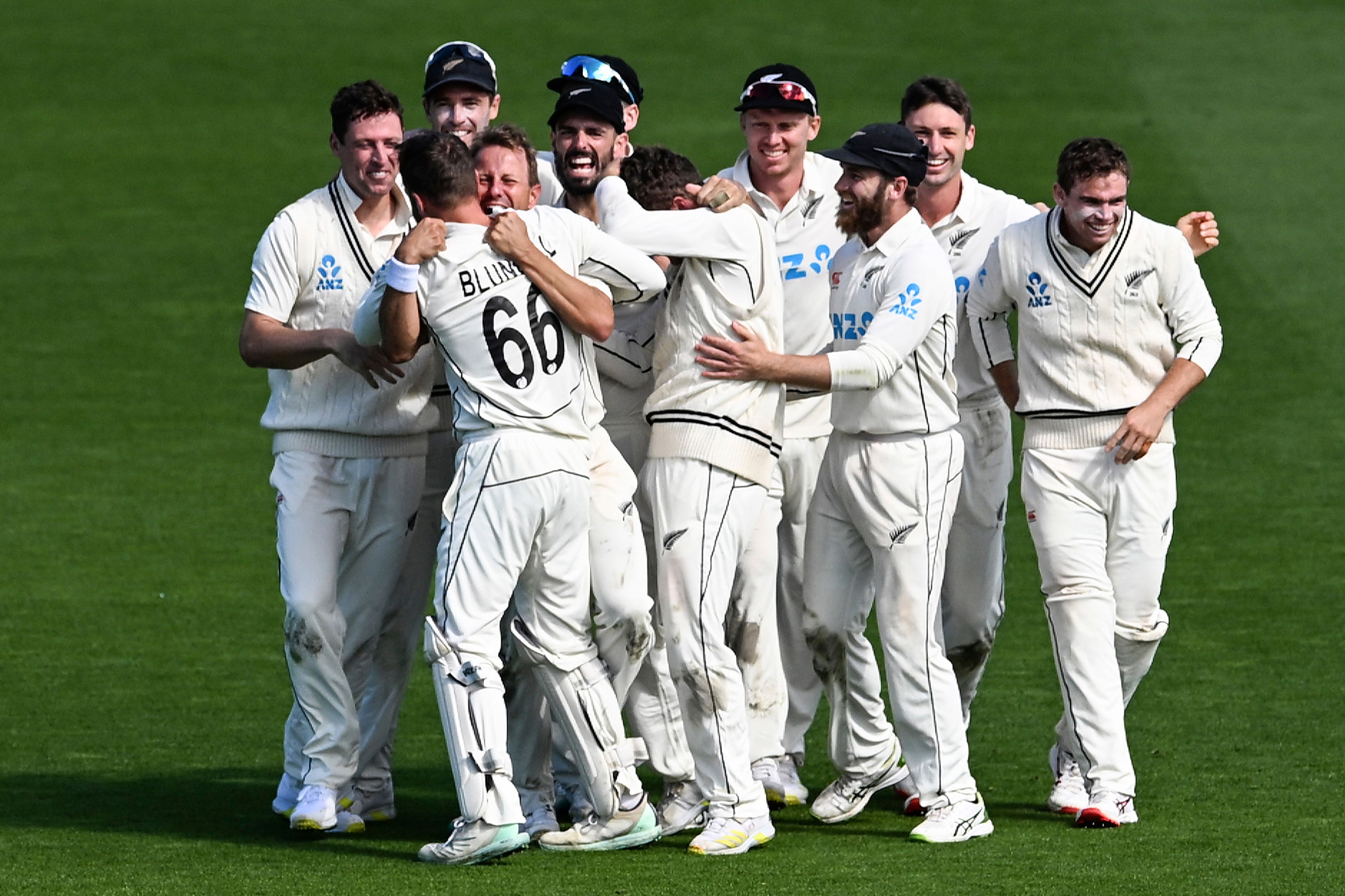 New Zealand celebrate a famous victory (Andrew Cornaga/Photosport/AP)