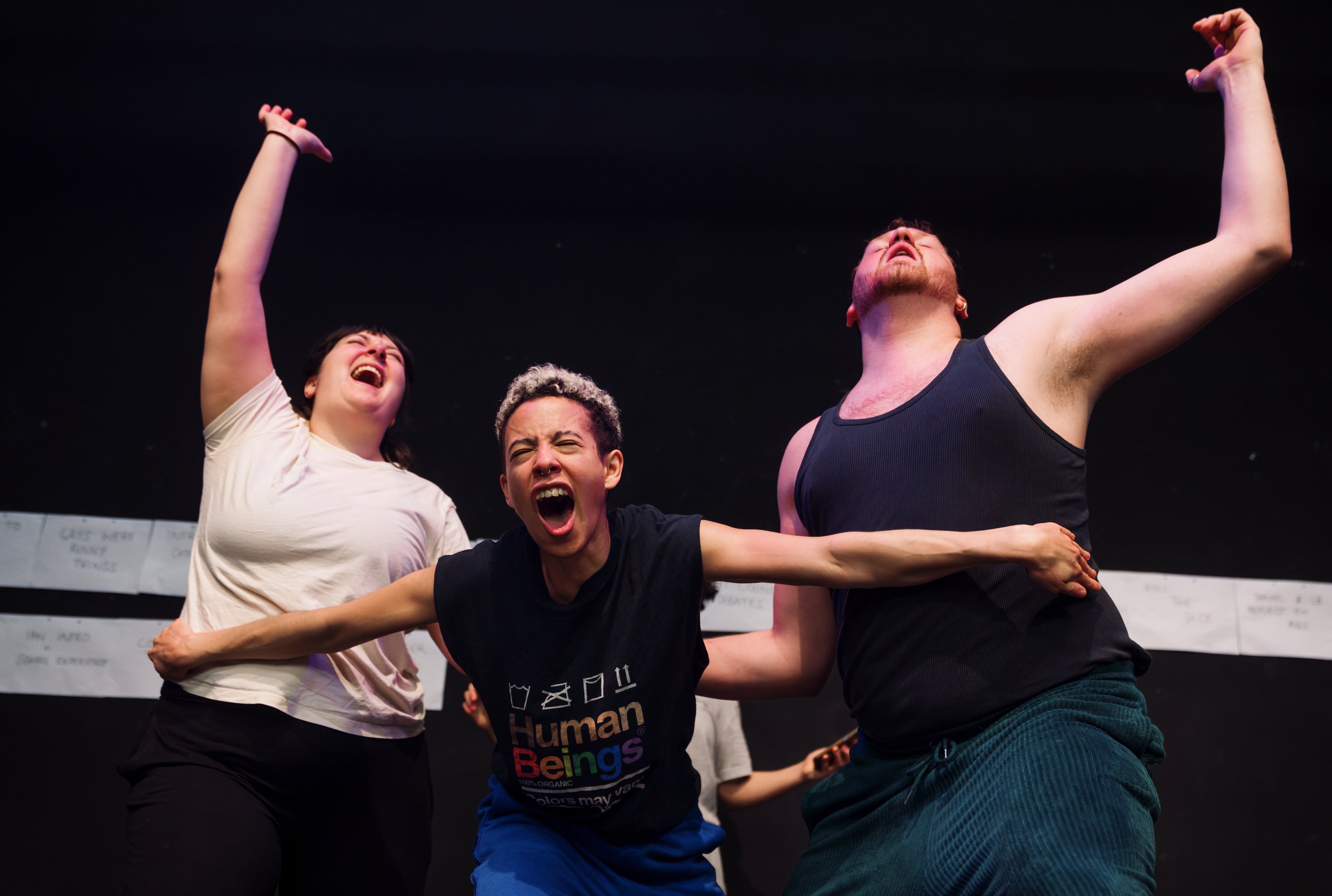 From L-R: Ellice Stevens, EM Williams and Zachary Willis in rehearsal for ‘After the Act’