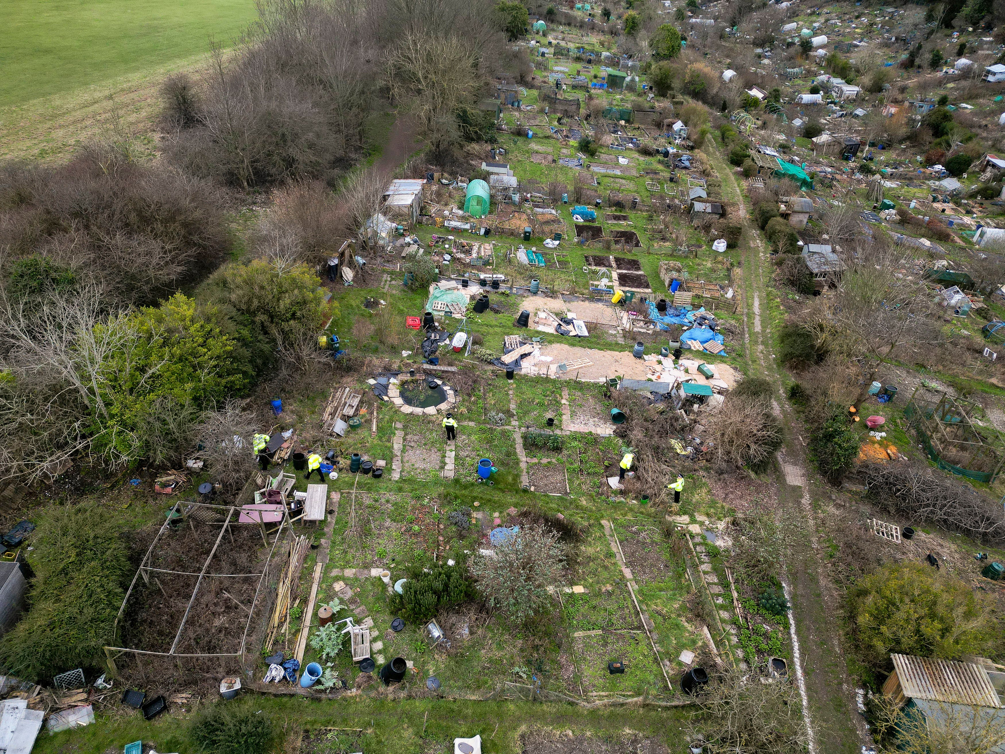 Police search teams in Roedale Valley Allotments, West Sussex, where an urgent search operation is underway to find the missing baby of Constance Marten, who has not had any medical attention since birth in early January