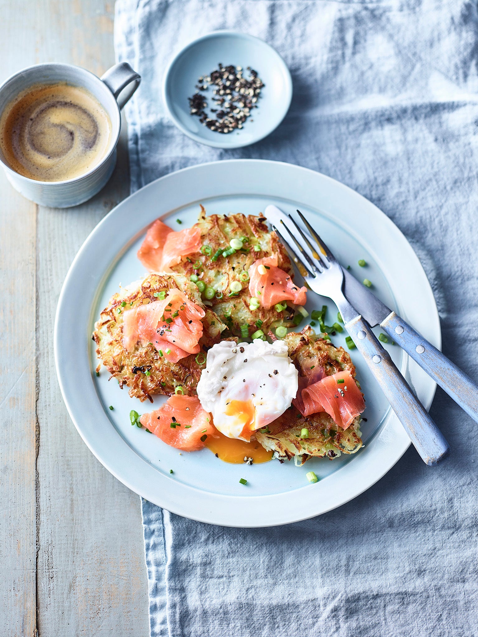 Crispy potato rosti makes the perfect base for rich smoked salmon and oozy poached eggs