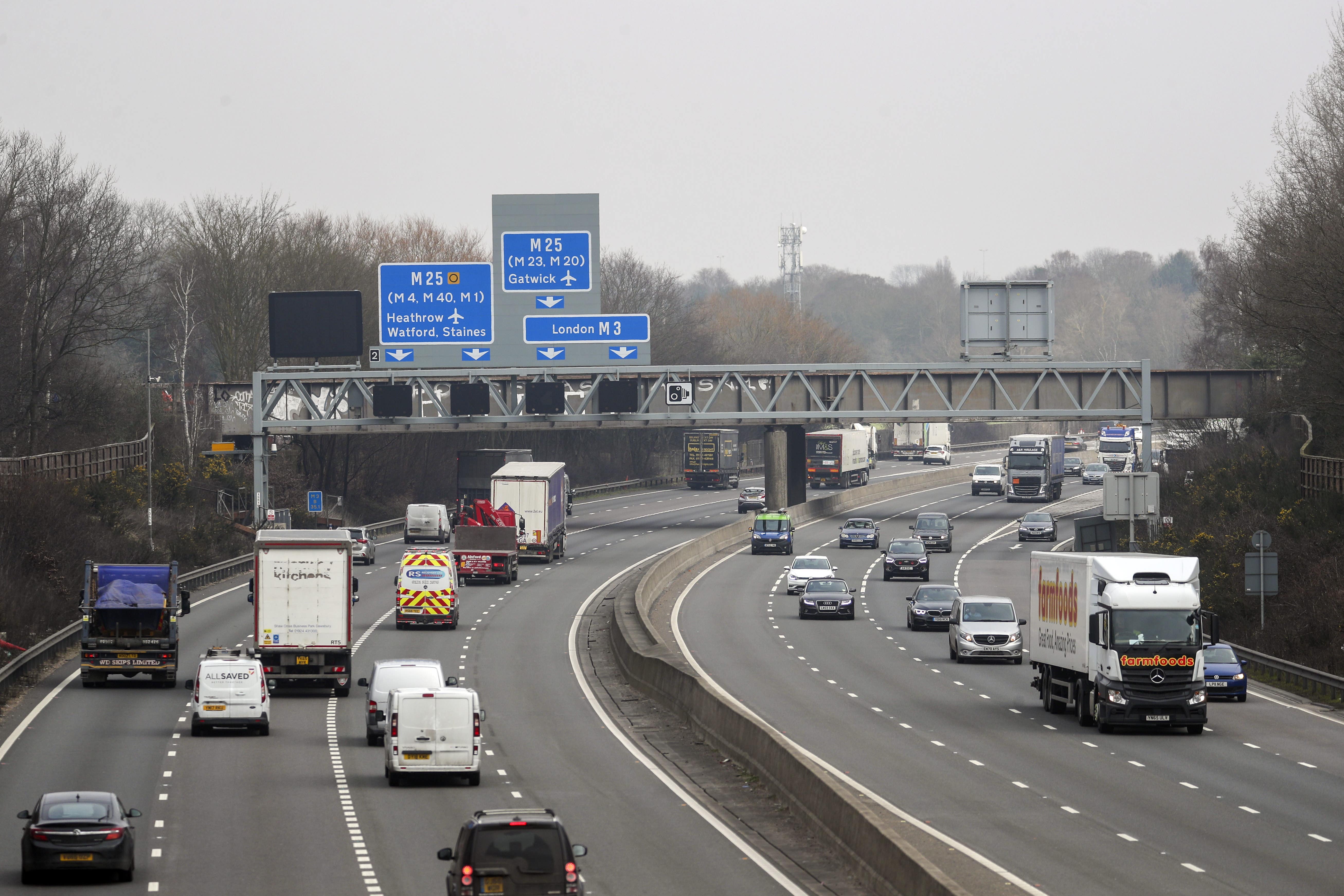 The M3 smart motorway near Longcross in Surrey. The motorways have no hard shoulder for emergencies, and use technology to close off lanes (Steve Parsons/PA)