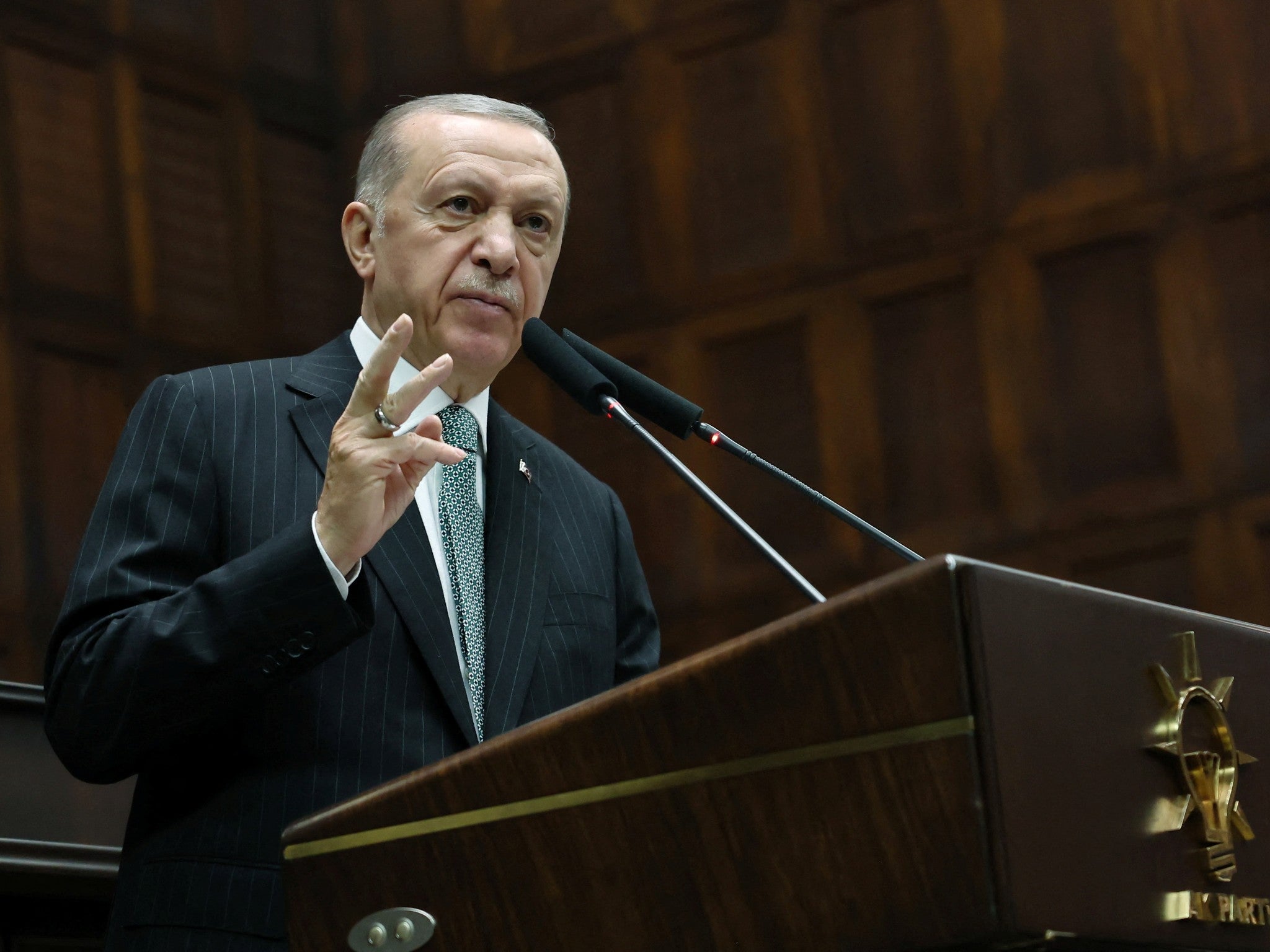 President Erdogan addresses members of his ruling party during a meeting at the parliament in Ankara on Wednesday