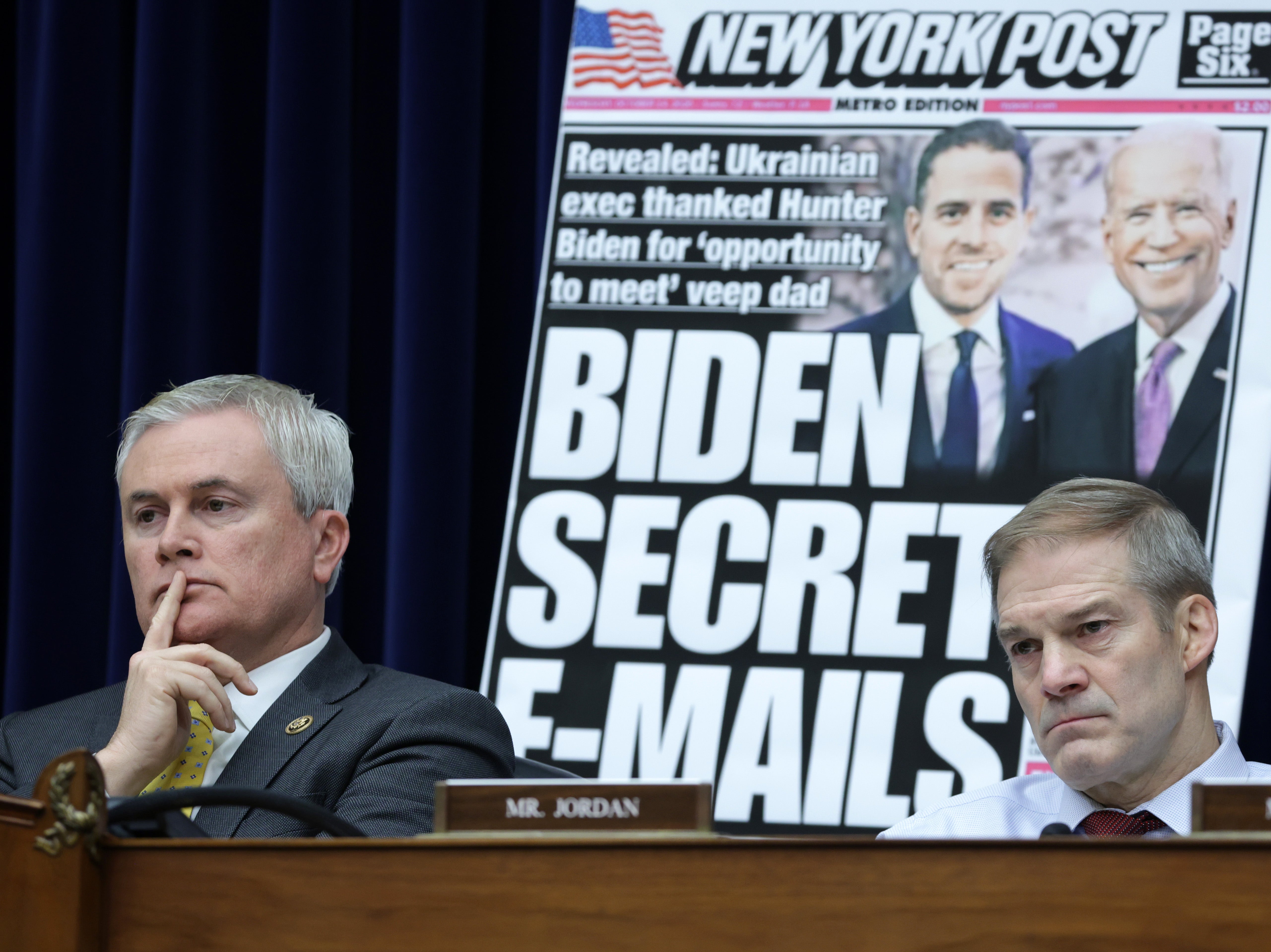 Committee Chairman Rep. James Comer (R-KY) and Rep. Jim Jordon (R-OH) listen during a hearing