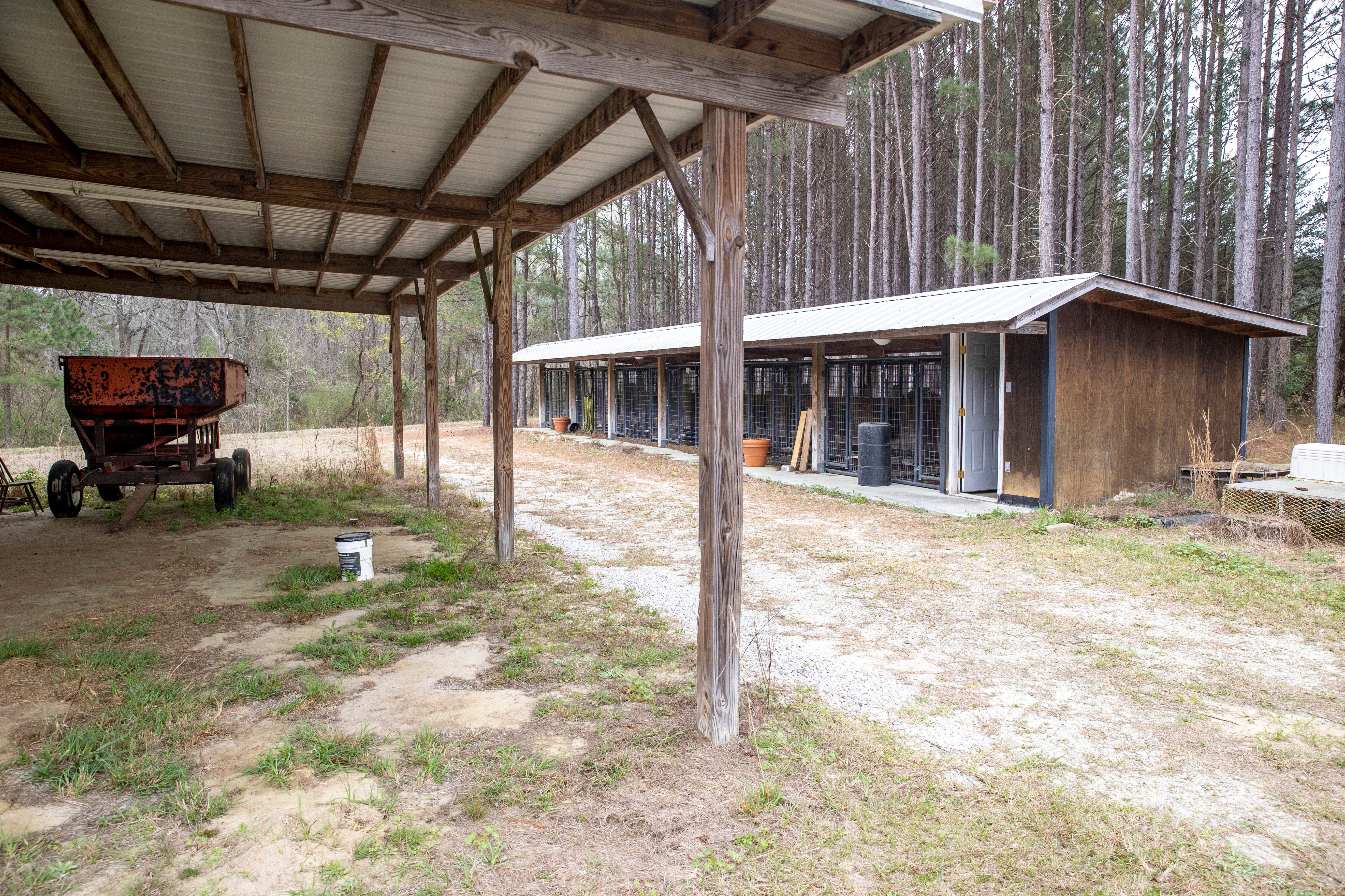 The hanger and dog kennels are seen where the bodies of Paul Murdaugh and Maggie were found at the Moselle property on Wednesday