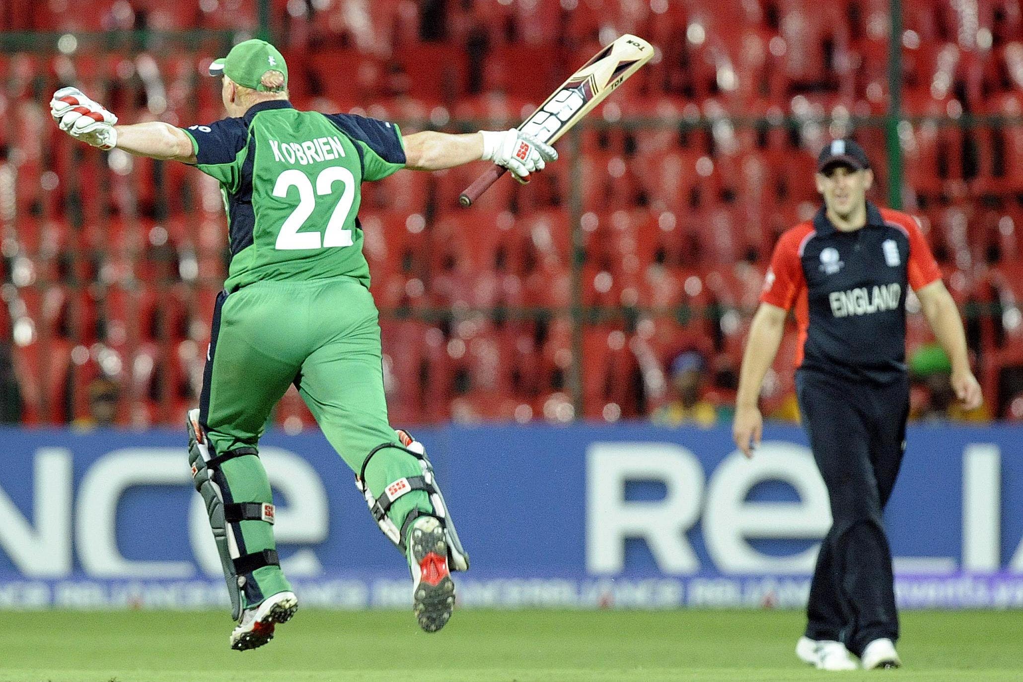 Ireland’s Kevin O’Brien celebrates scoring his century (Rebecca Naden/PA)