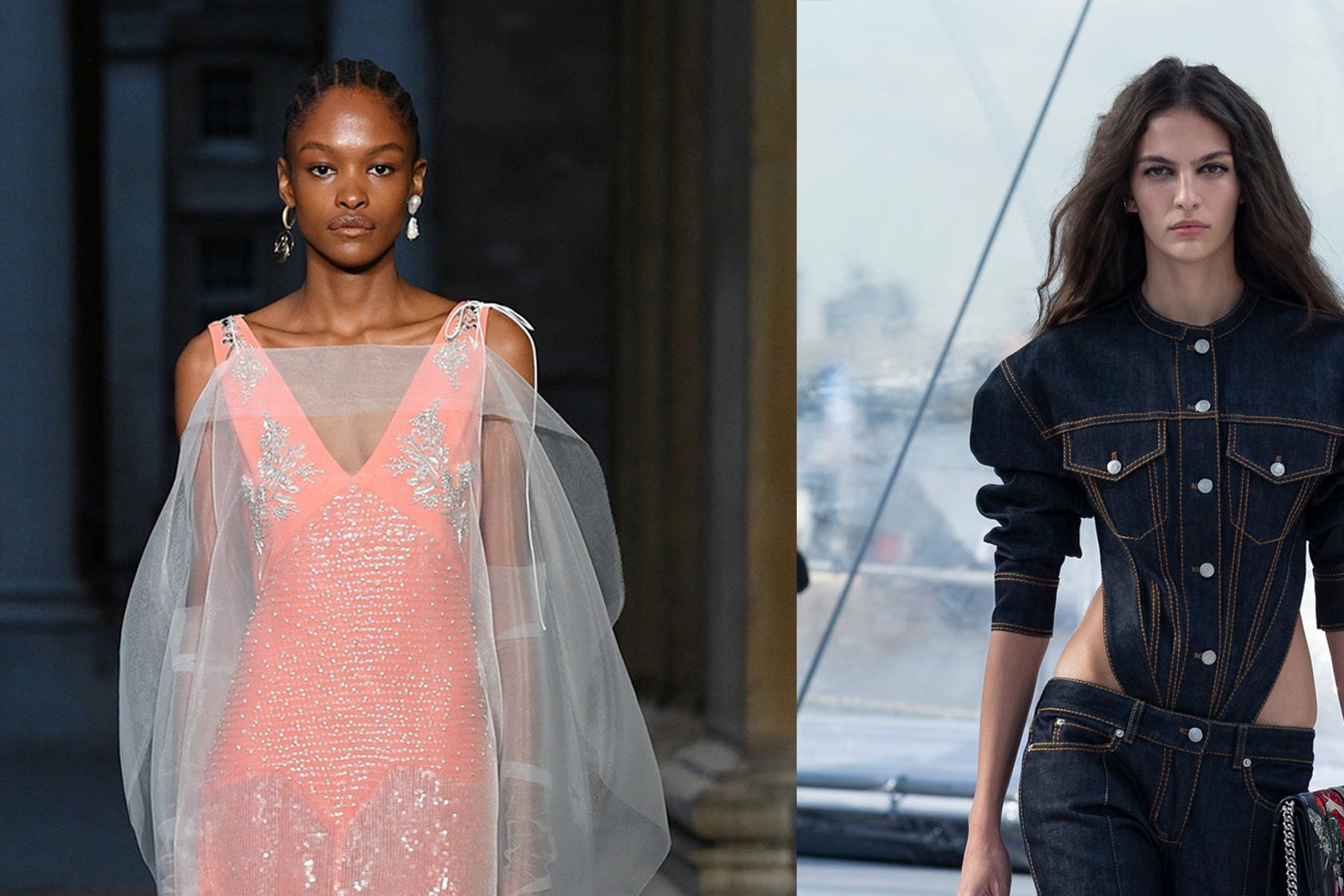 Sheer fabrics and Noughties denim are two of the biggest spring trends (Jason Lloyd Evans/Erdem/Alexander McQueen/PA)