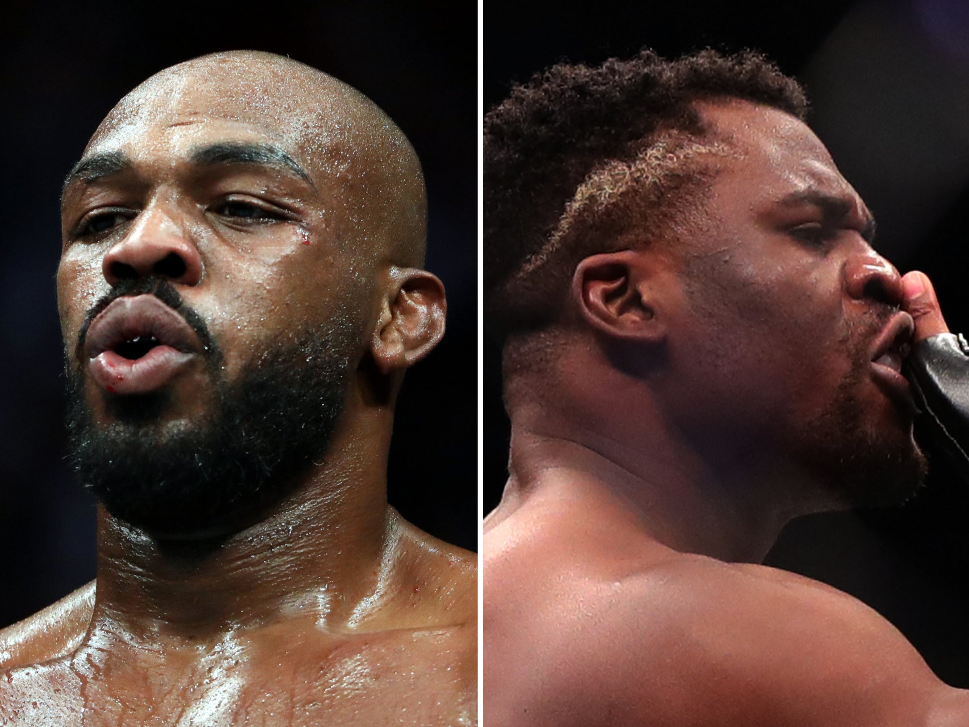 UFC heavyyweight champion Jon Jones (left) and his predecessor Francis Ngannou, who now holds PFL gold