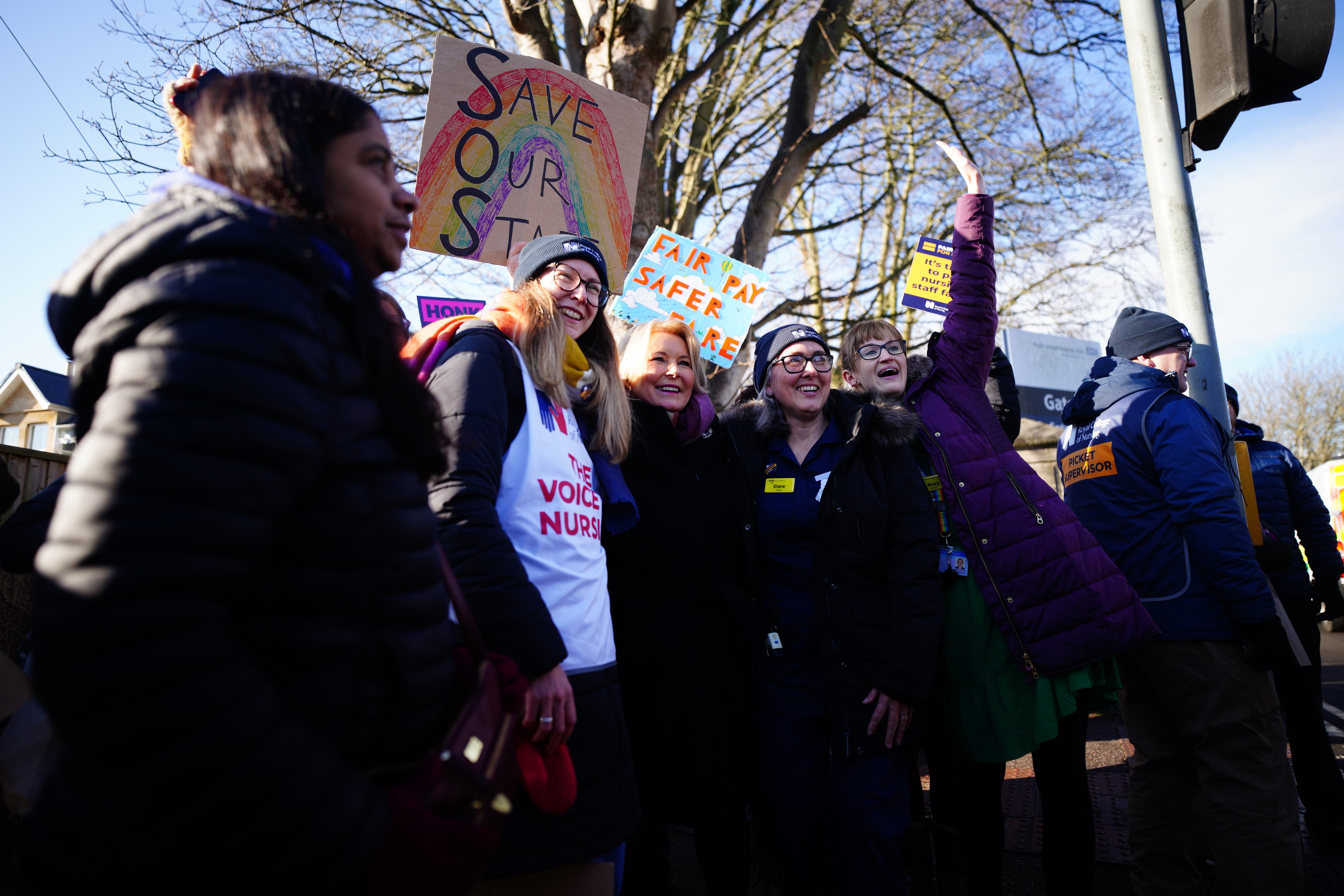 Royal College of Nursing (RCN) general secretary Pat Cullen joining members on the picket line outside the Royal United Hospital in Bath, as nurses take industrial action over pay (Ben Birchall/PA)