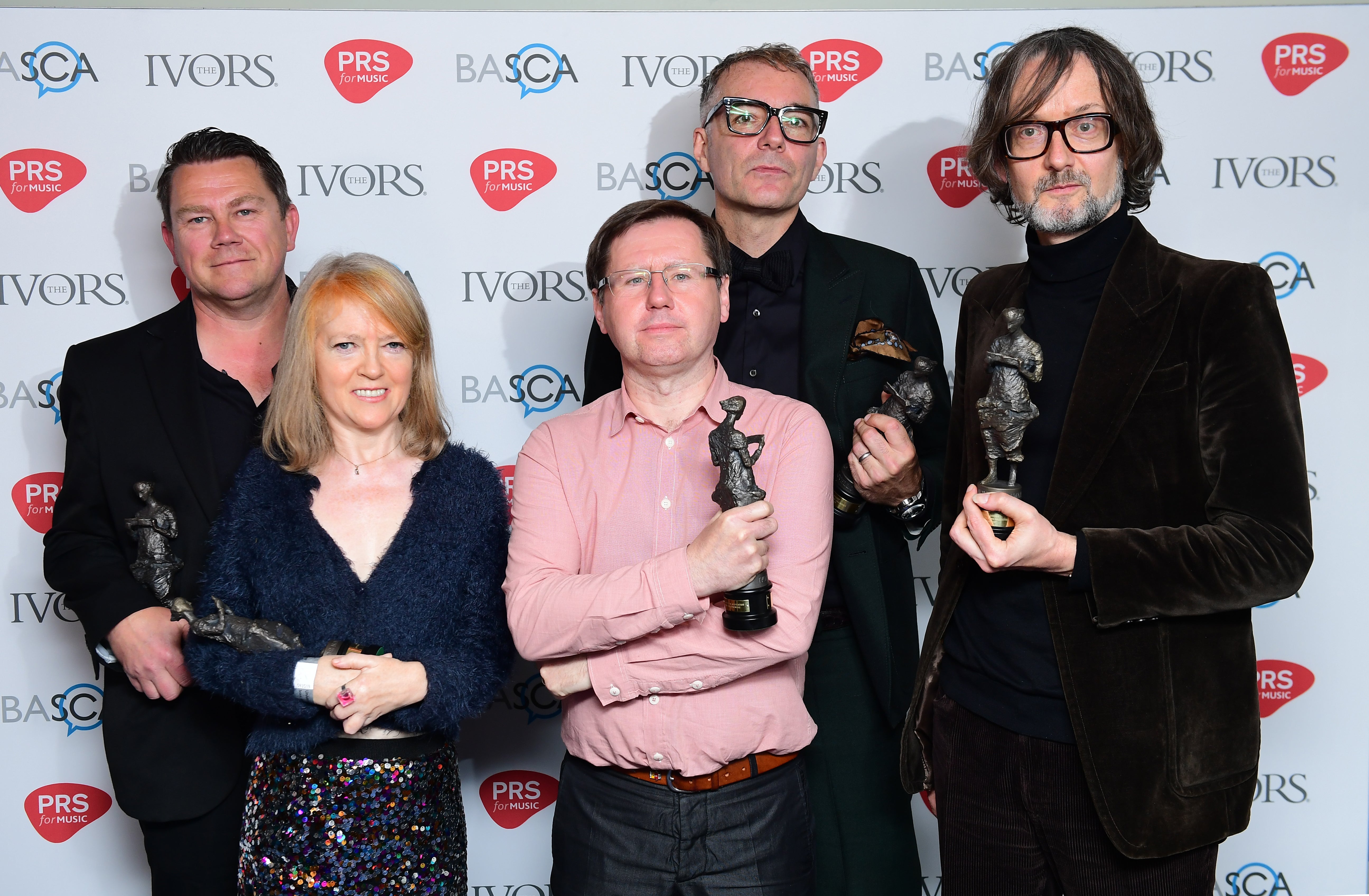 (left-right) Nick Banks, Candida Doyle, Mark Webber, Steve Mackey and Jarvis Cocker of Pulp in 2017