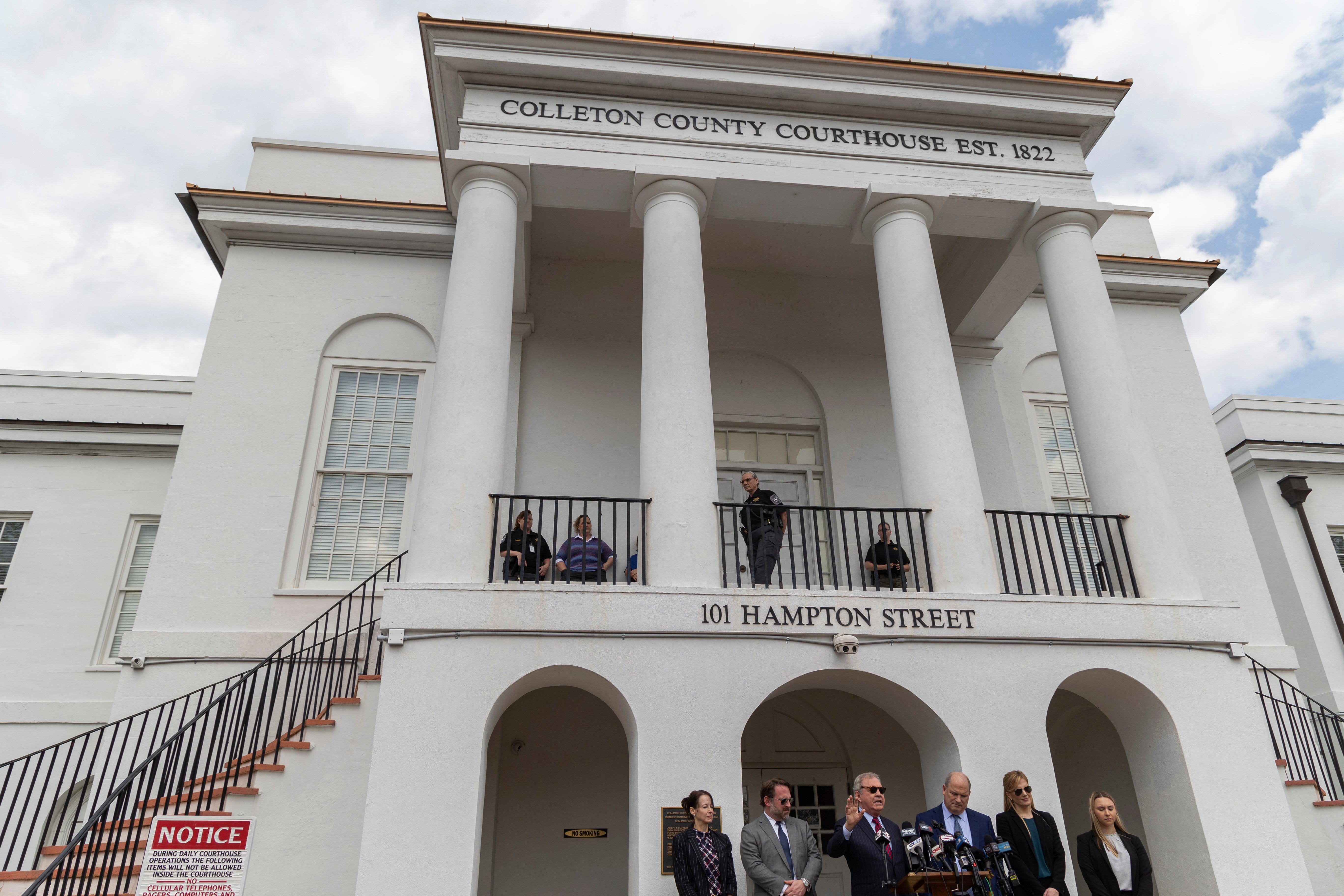 Alex Murdaugh’s legal team speaks to media outside the Colleton County Courthouse after sentencing