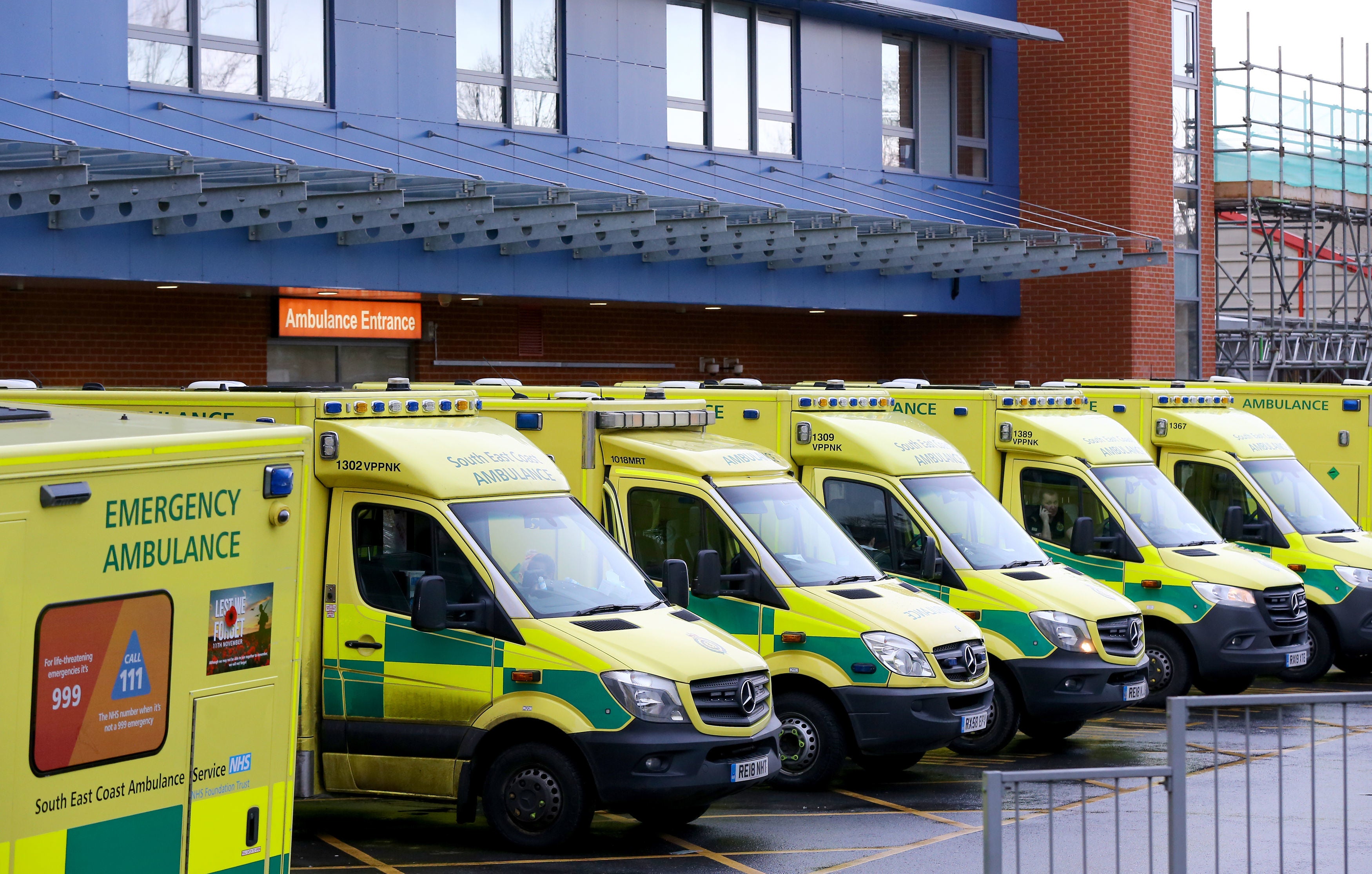 Ambulances lined up outside Medway Maritime Hospital in Kent