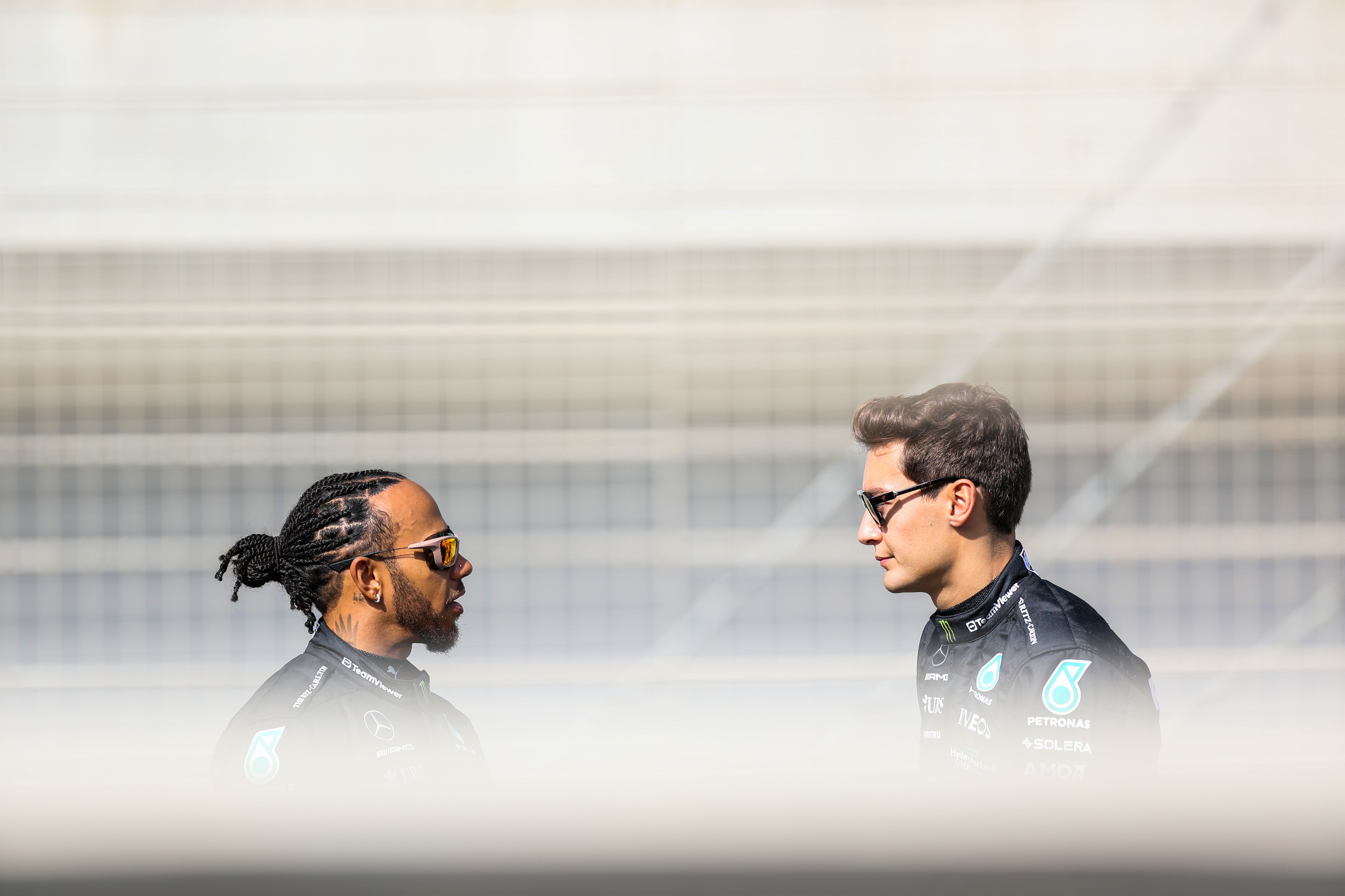 Lewis Hamilton, left, and George Russell in Bahrain