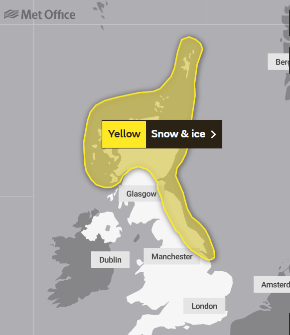 Yellow weather warning for snow and ice issued for Tuesday