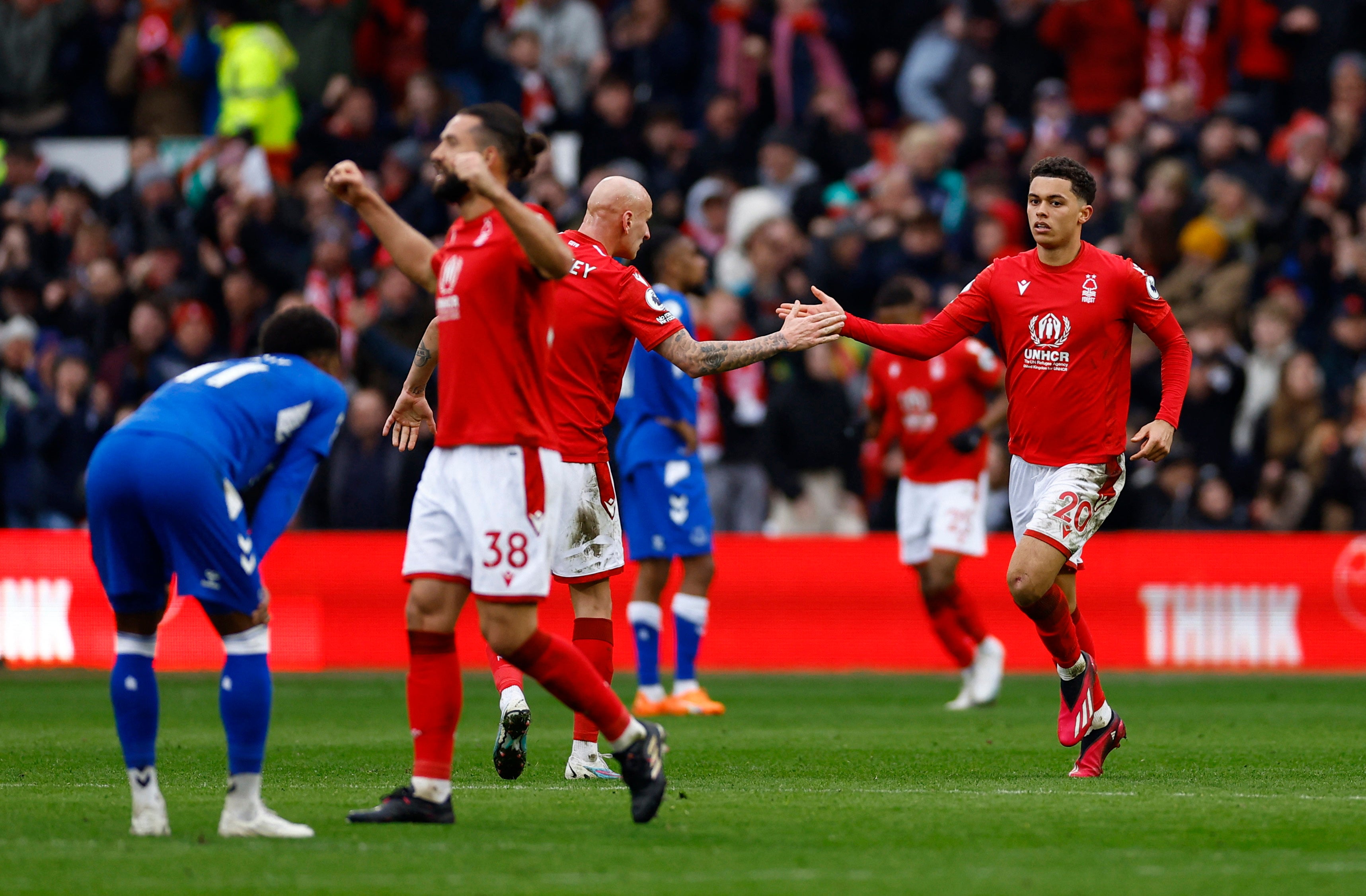 Forest's Brennan Johnson celebrates scoring his second goal with Jonjo Shelvey