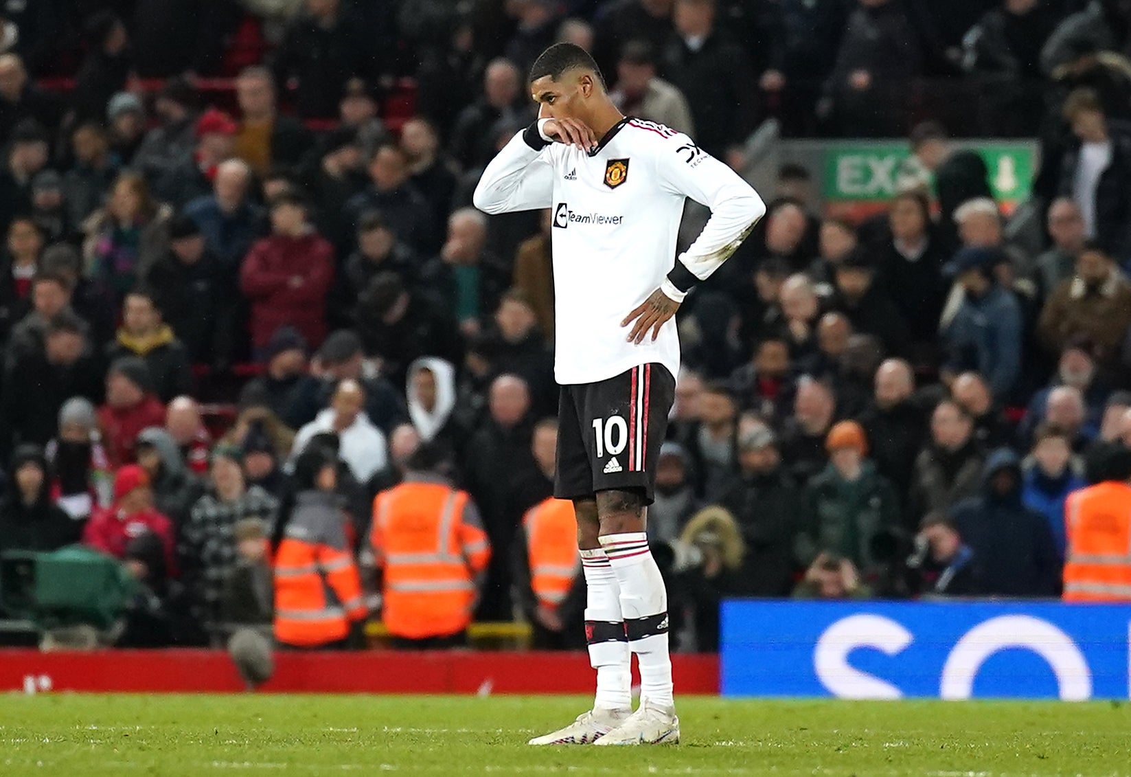 A shocked-looking Marcus Rashford after the game