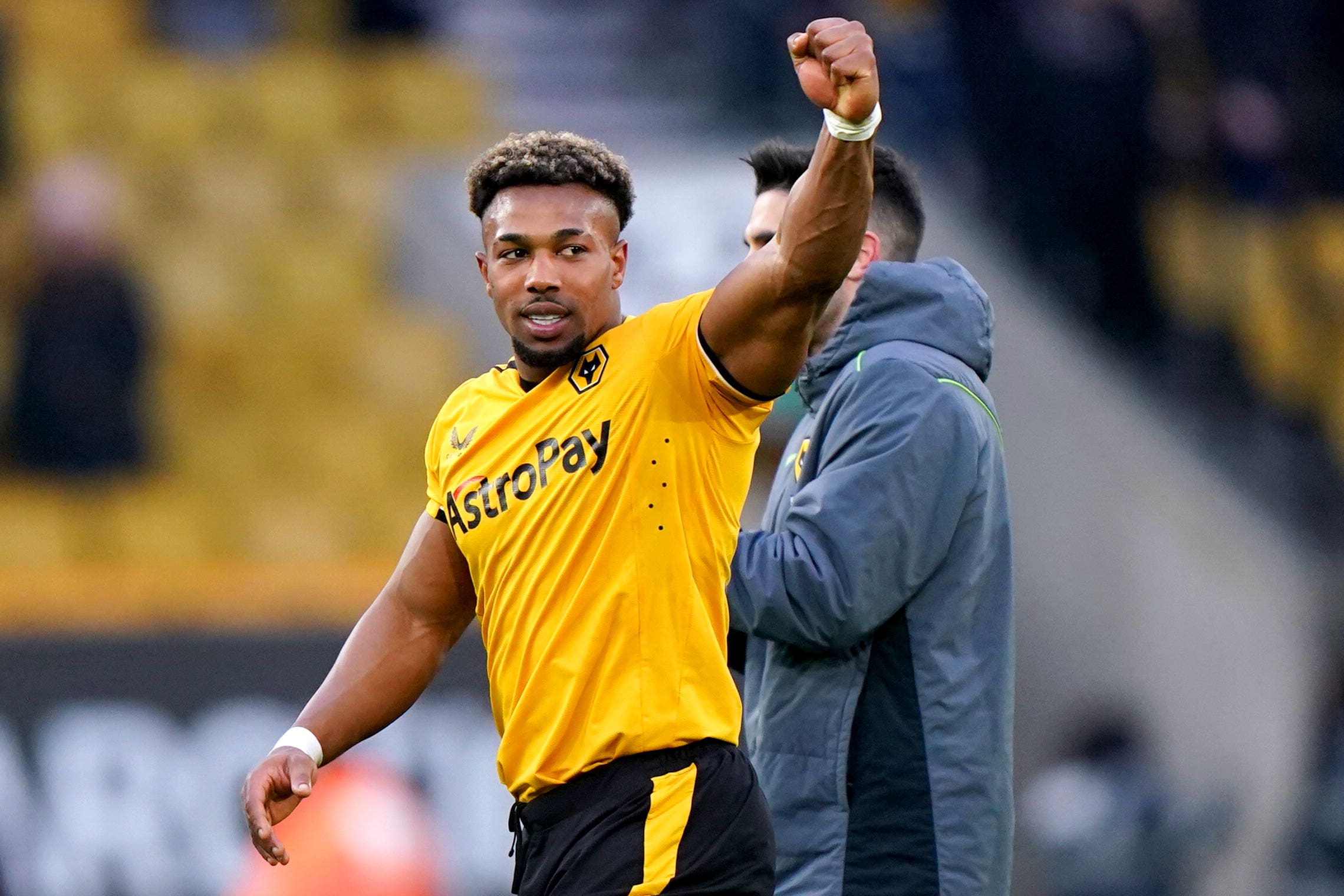 Adama Traore celebrates Wolves’ win over Tottenham. (Tim Goode/PA)