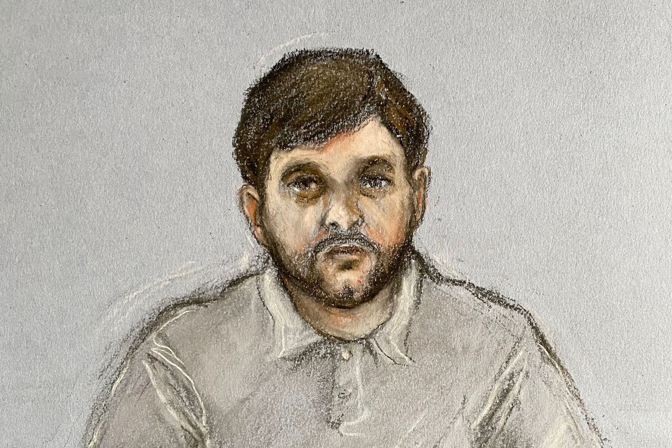 A court artist sketch of Thomas Cashman appearing via video link at Liverpool Crown Court