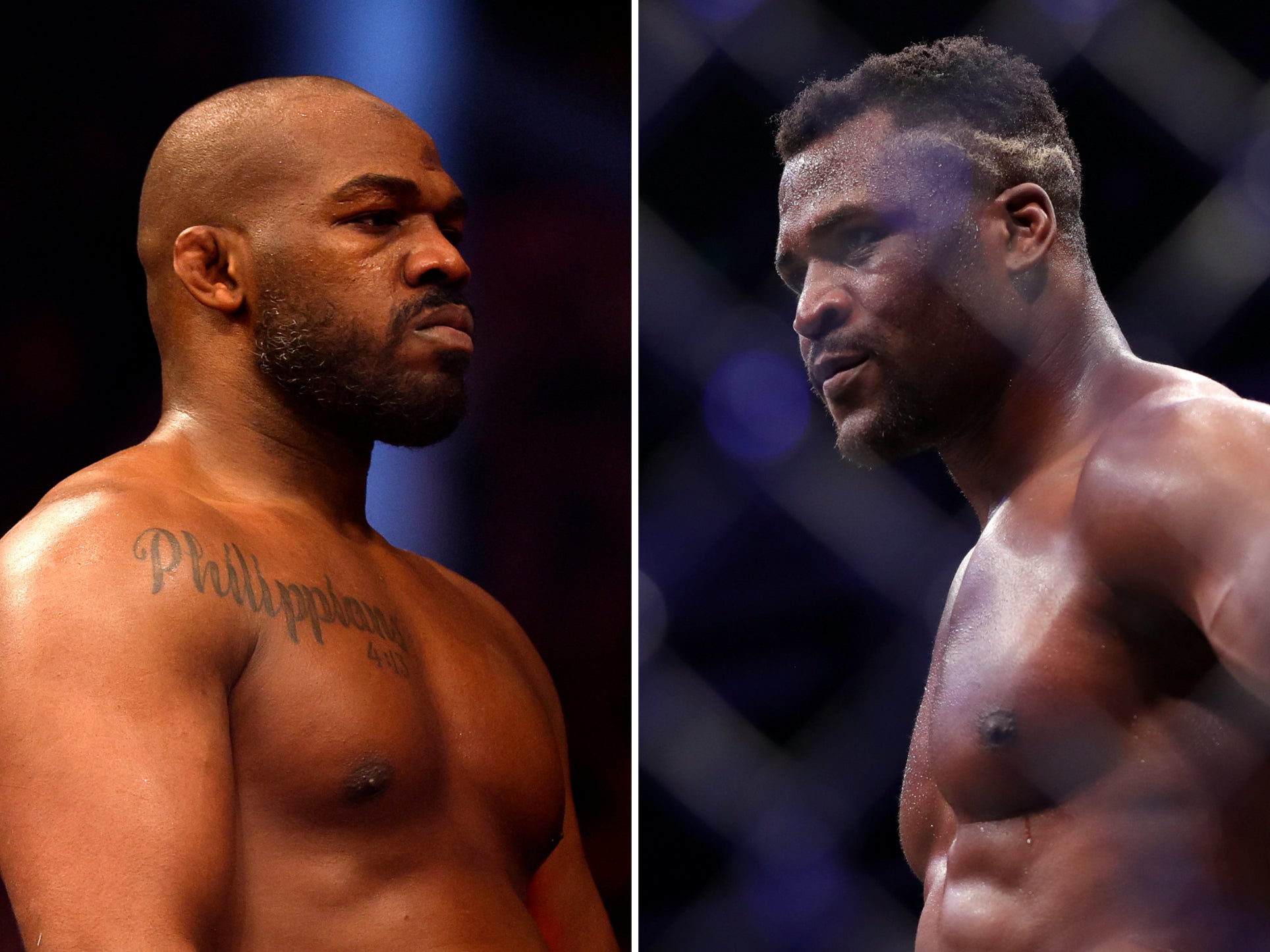 UFC heavyweight champion Jon Jones (left) and his predecessor Francis Ngannou