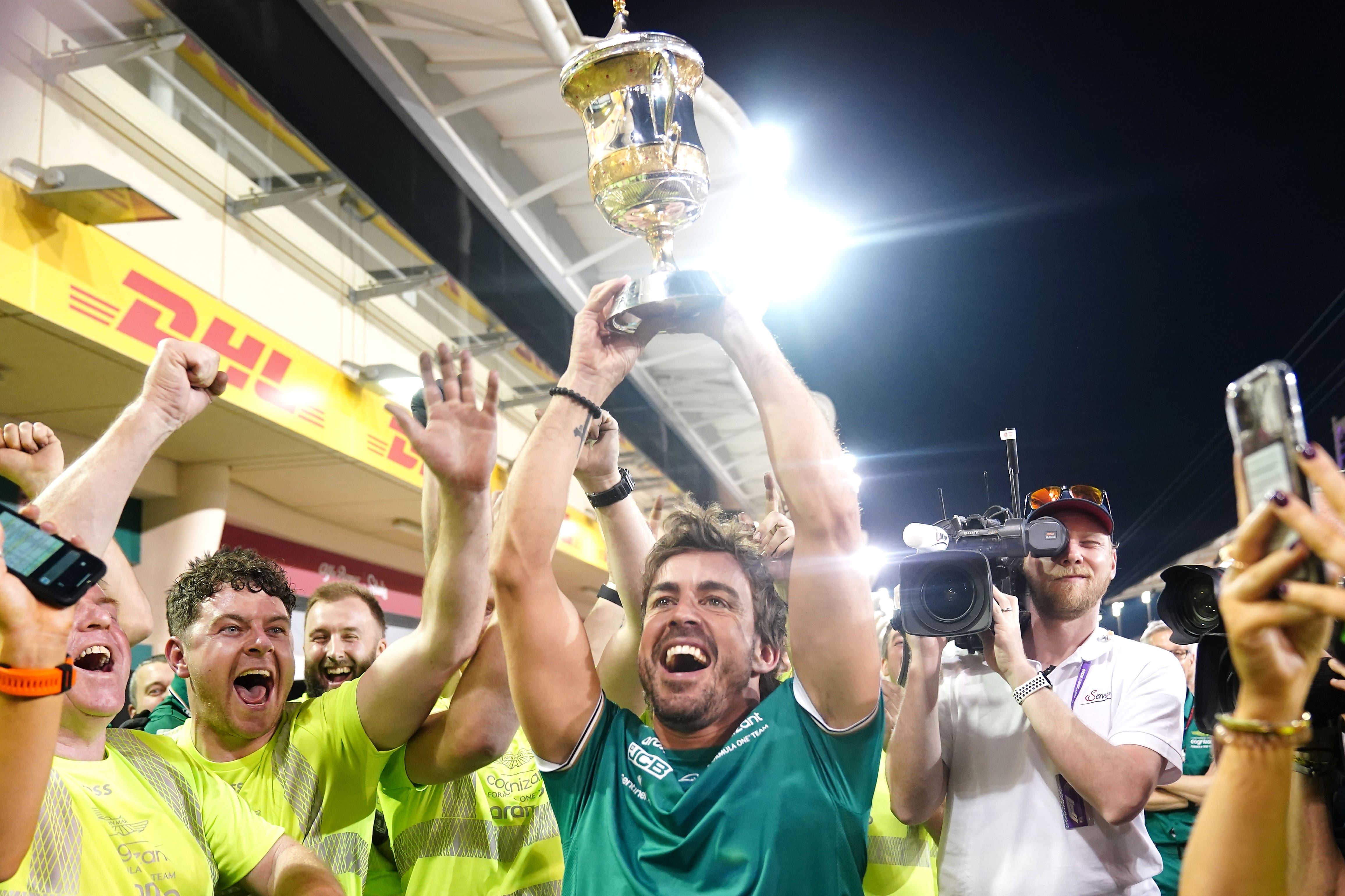 Fernando Alonso celebrates his podium finish at the Bahrain Grand Prix