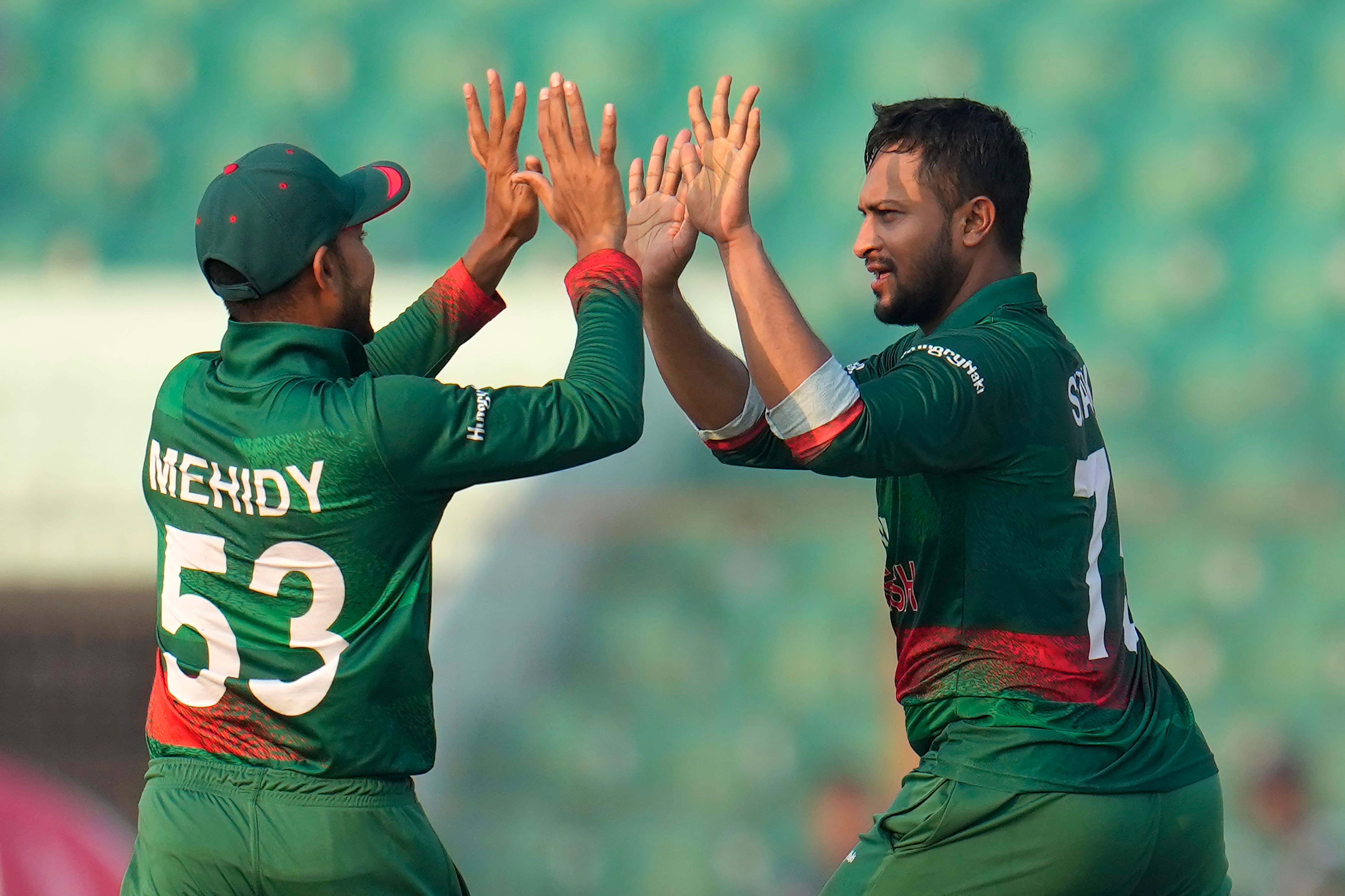 Shakib Al Hasan, right, starred for Bangladesh (Aijaz Rahi/AP)