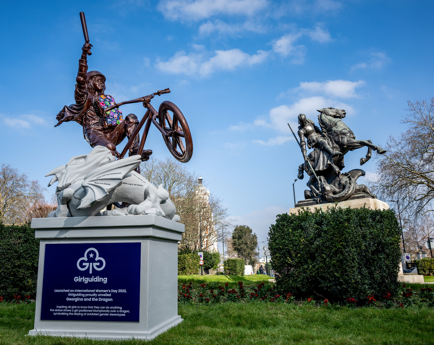 Designed in collaboration with Girlguiding Advocates, the statue is covered in badges that young women have gained across their individual Girlguiding journeys