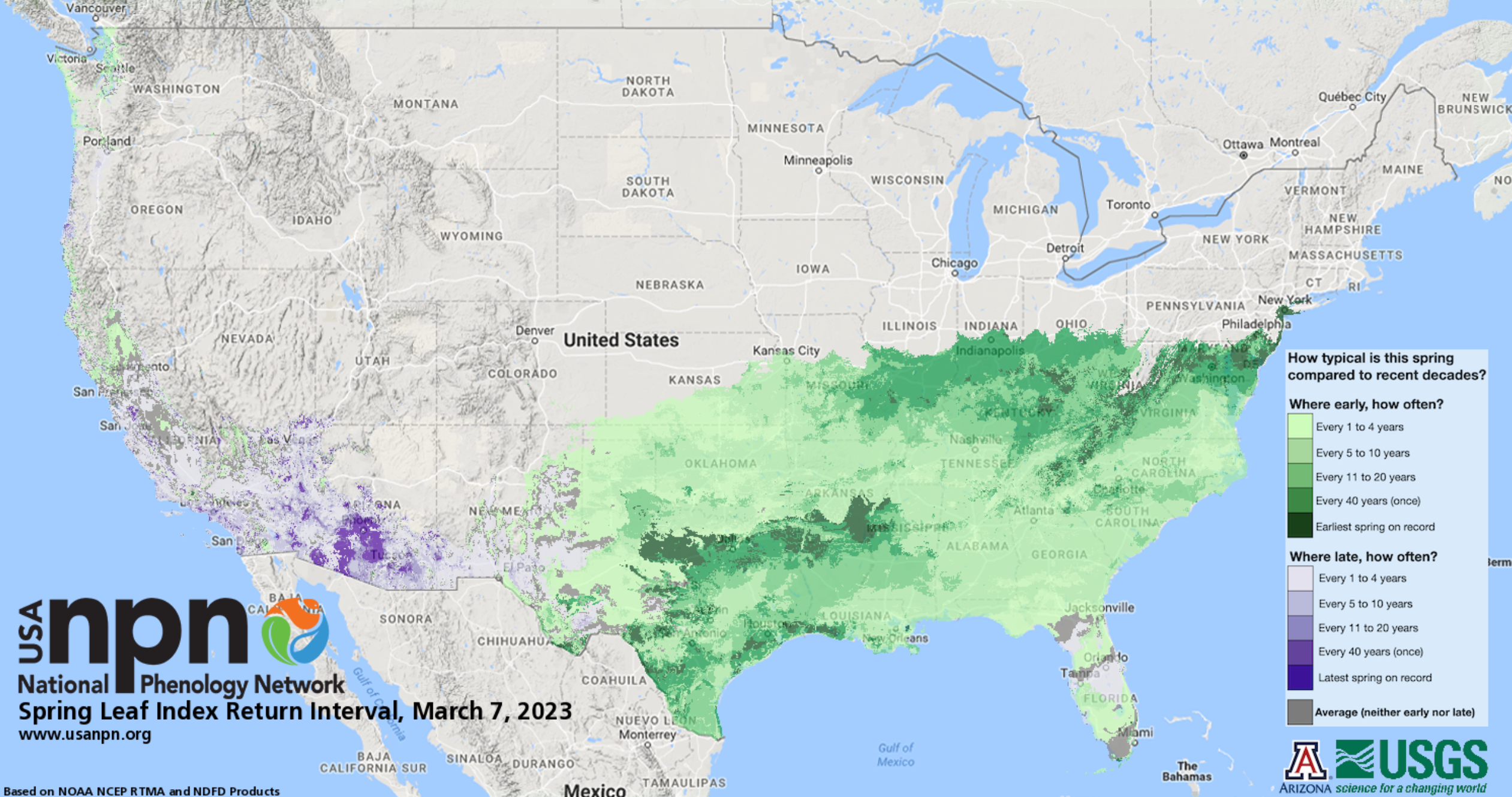 The locations of early spring - and late arrivals - across the US this year